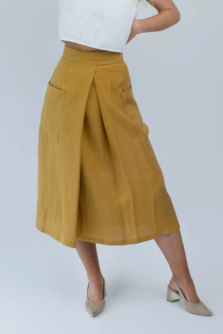 Amber Linen Damen vegan Wickelrock Senfgelb