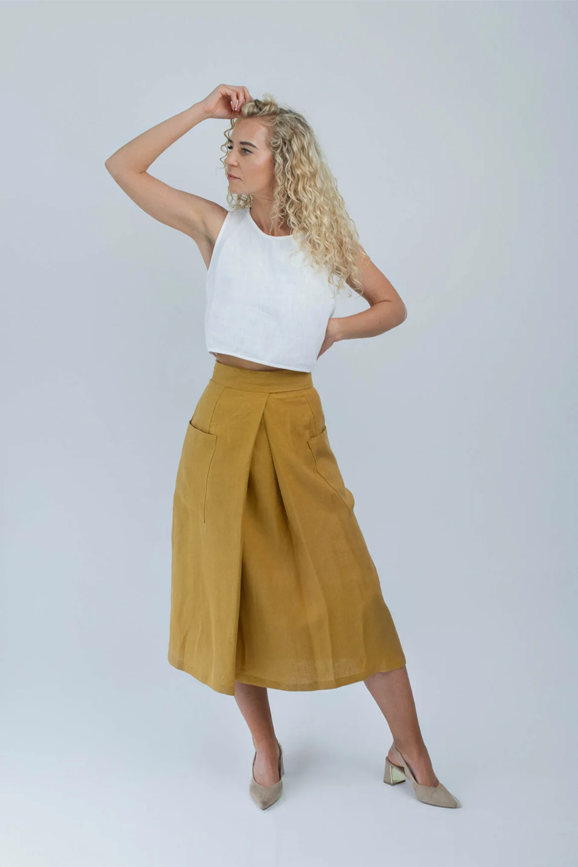 Amber Linen womens vegan Wrap Skirt Mustard Yellow