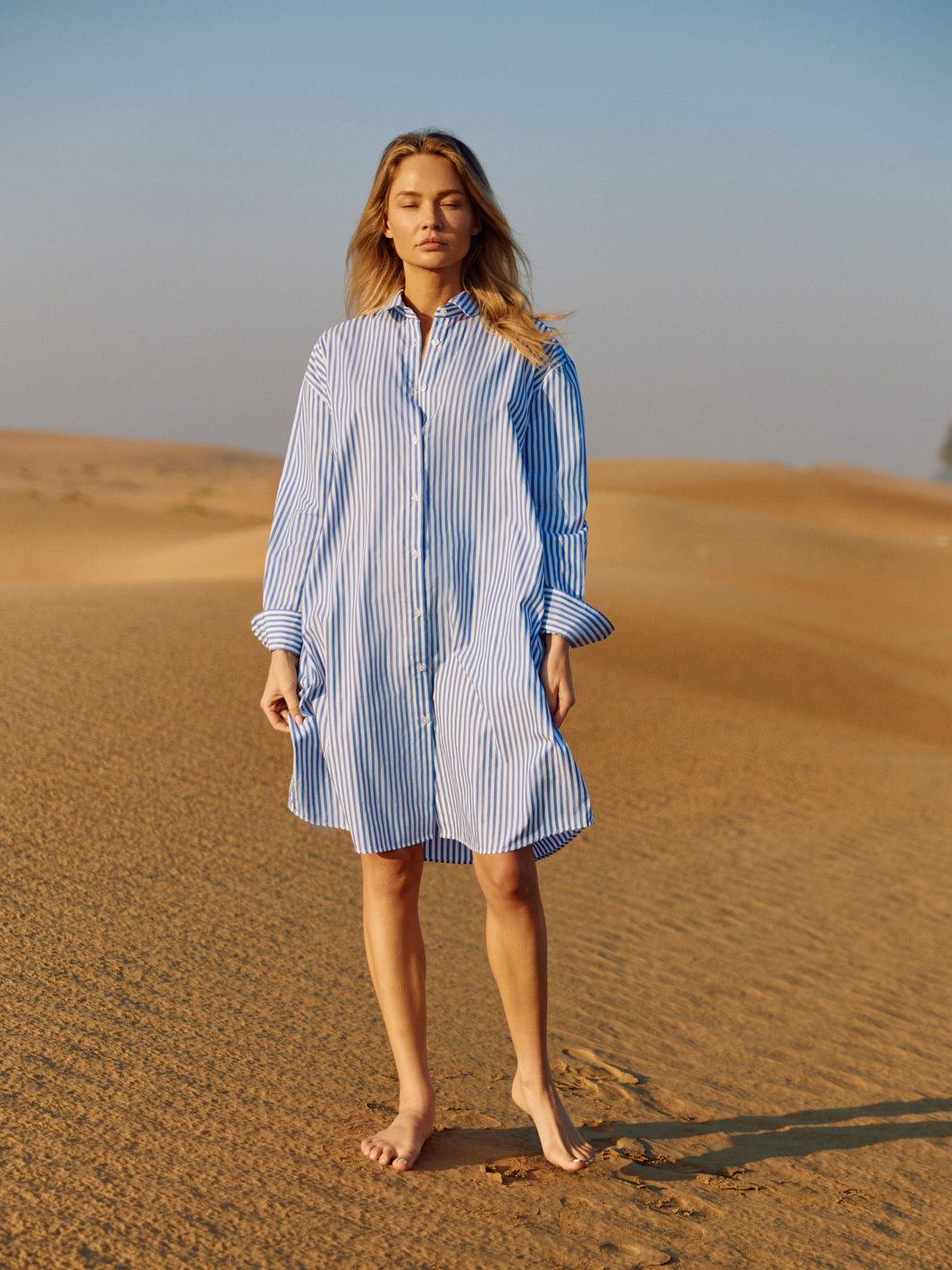 WOTE womens vegan Shirt Dress Striped Skyblue