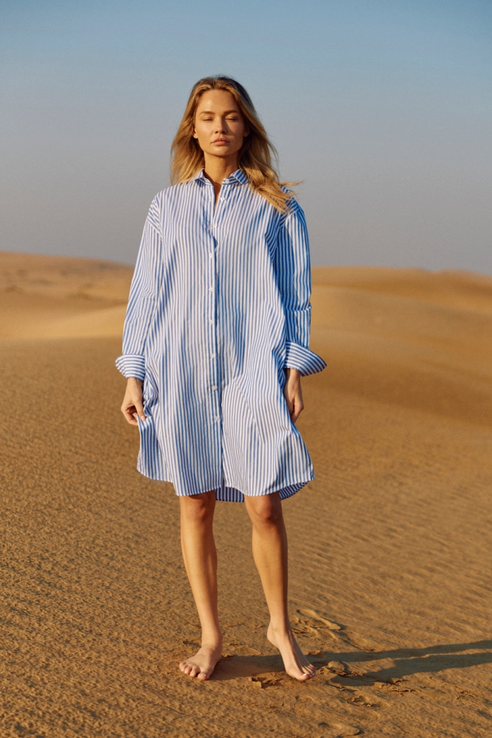 WOTE Damen vegan Hemdkleid Gestreift Himmelblau