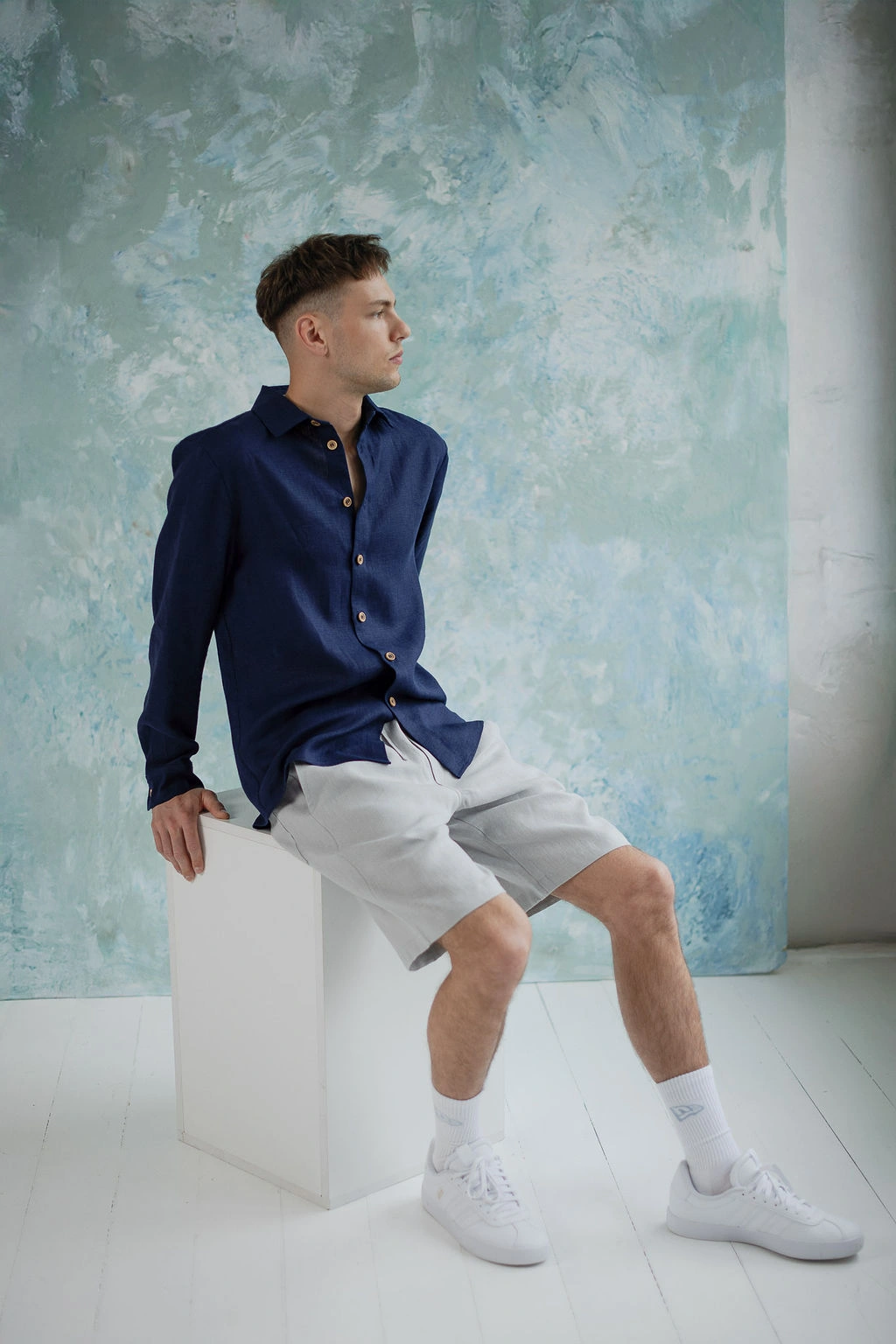 Amber Linen men vegan Shirt Havana Navy Blue