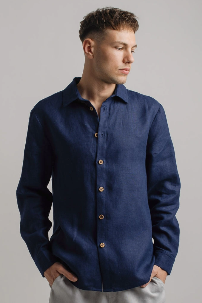 Amber Linen Herren vegan Hemd Havanna Marineblau