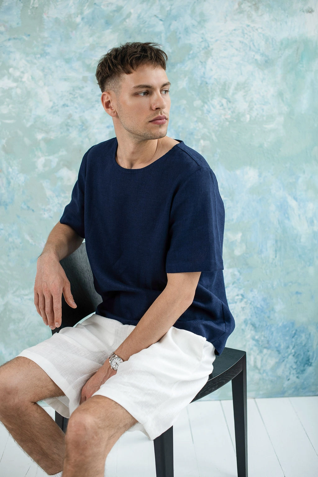 Amber Linen men vegan T-Shirt Panama Navy Blue