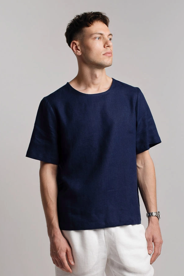 Amber Linen Herren vegan T-Shirt Panama Marineblau