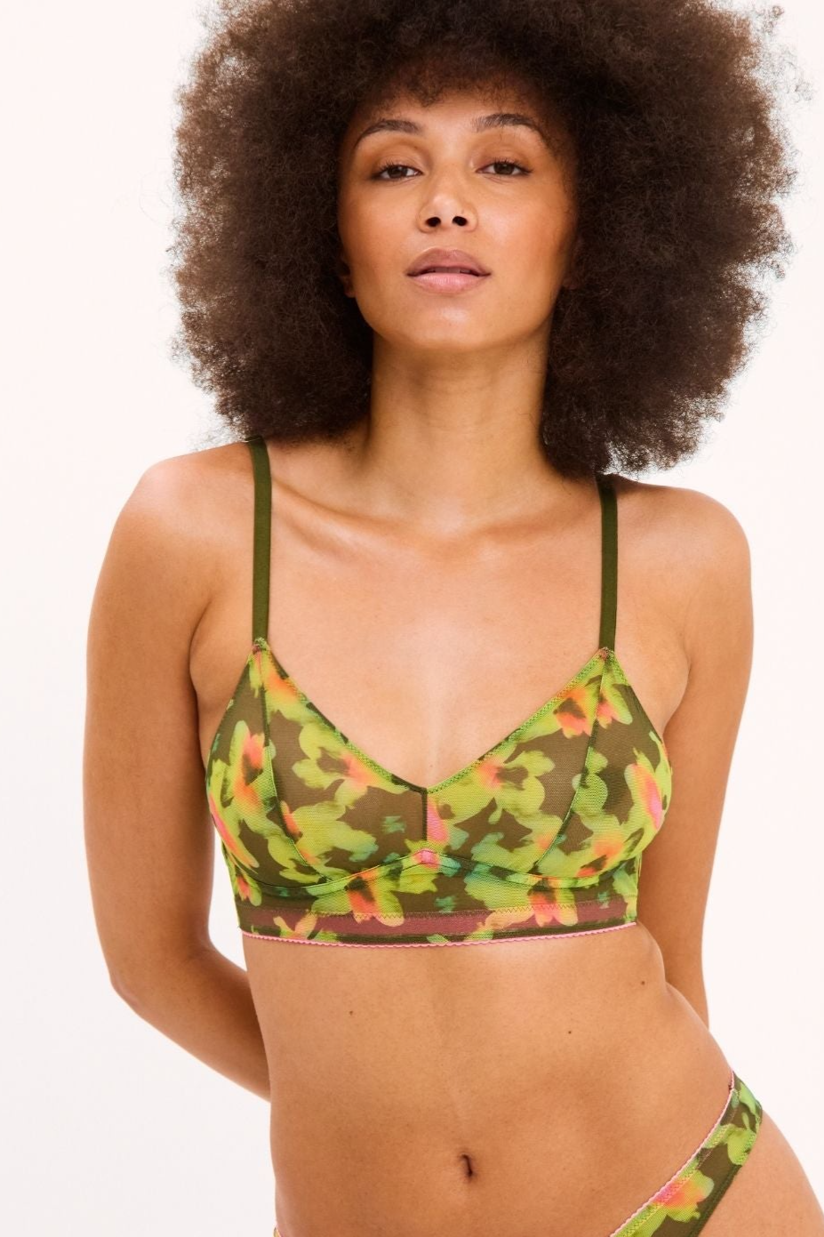Image of Understatement dames vegan Bralette Mesh Olijf Abstract Bloemenmotief