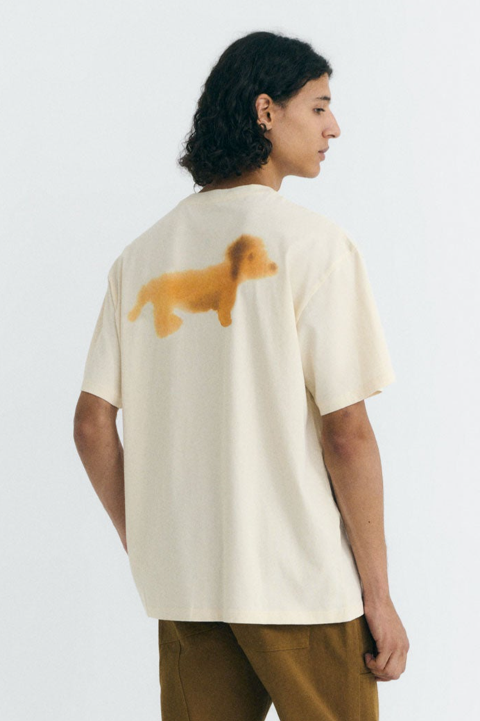 Image of Thinking MU mannen vegan T-Shirt Aaron Teckel Hond Achterkant Grafisch Wit