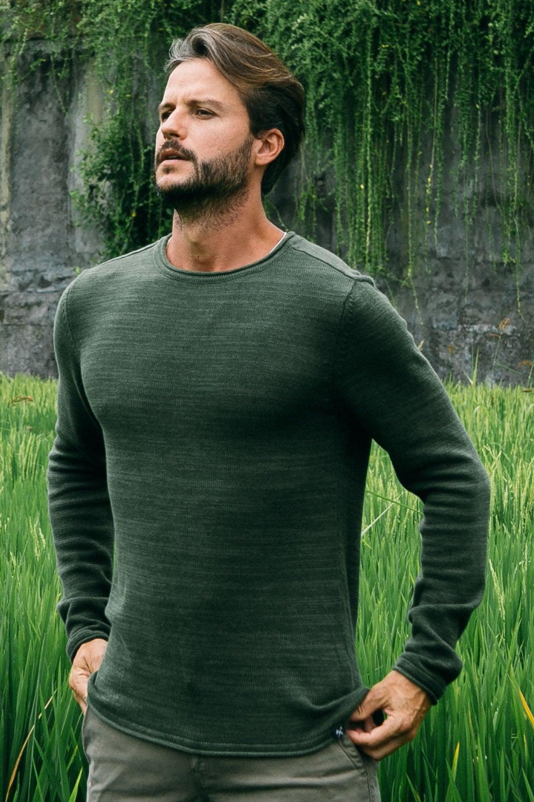 The Driftwood Tales Herren vegan Strickpullover Armeegrün