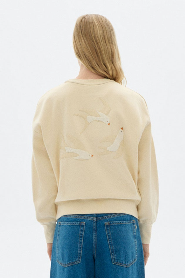 Thinking mu Damen vegan Sweatshirt Jodie Handbestickter Vogel WeiÃŸ