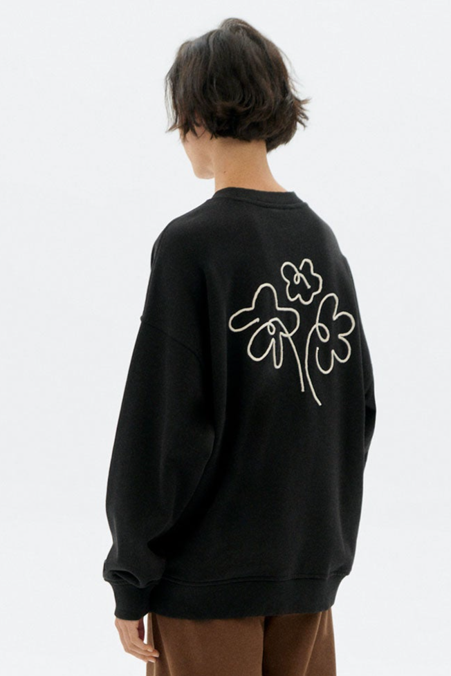 Thinking mu Damen vegan Sweatshirt Jimena Blume Handbestickt Schwarz