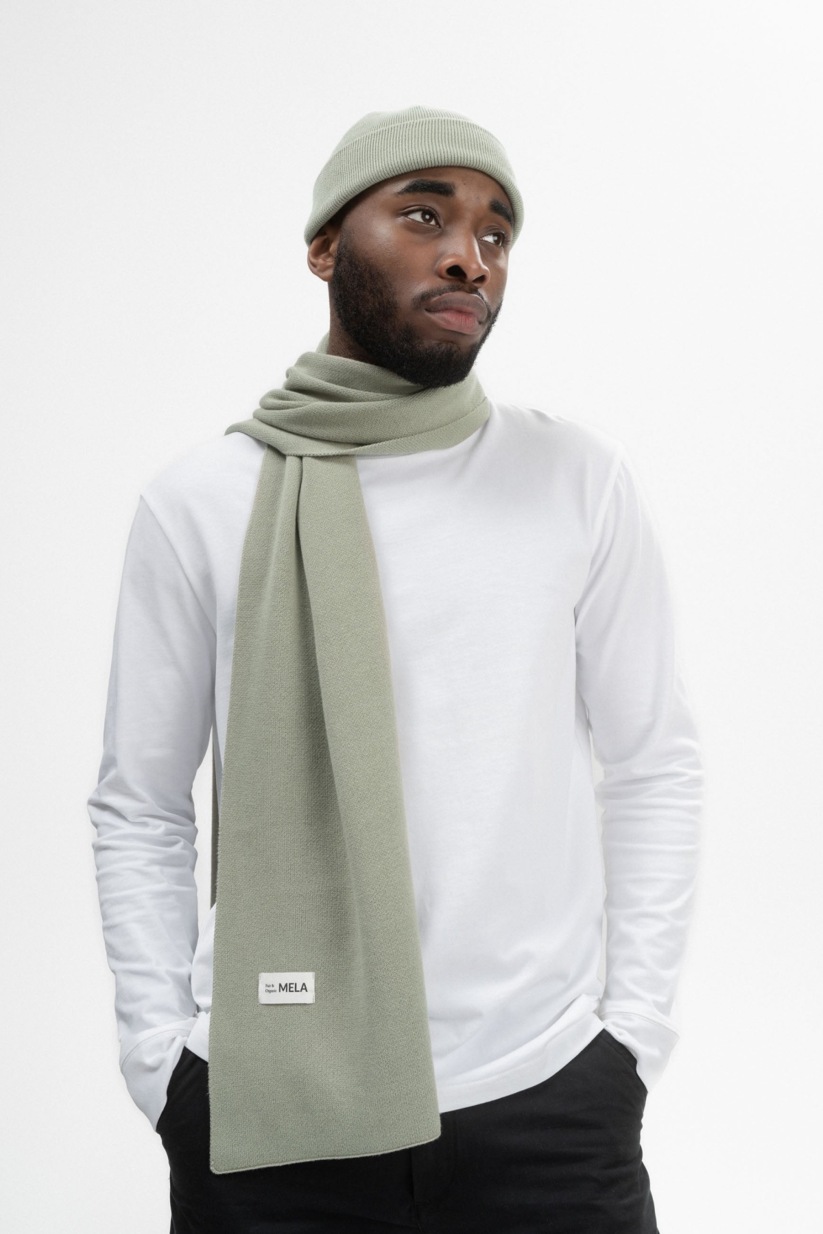MELA men vegan Knit Scarf Jacquard Rib Asmee Green Clay