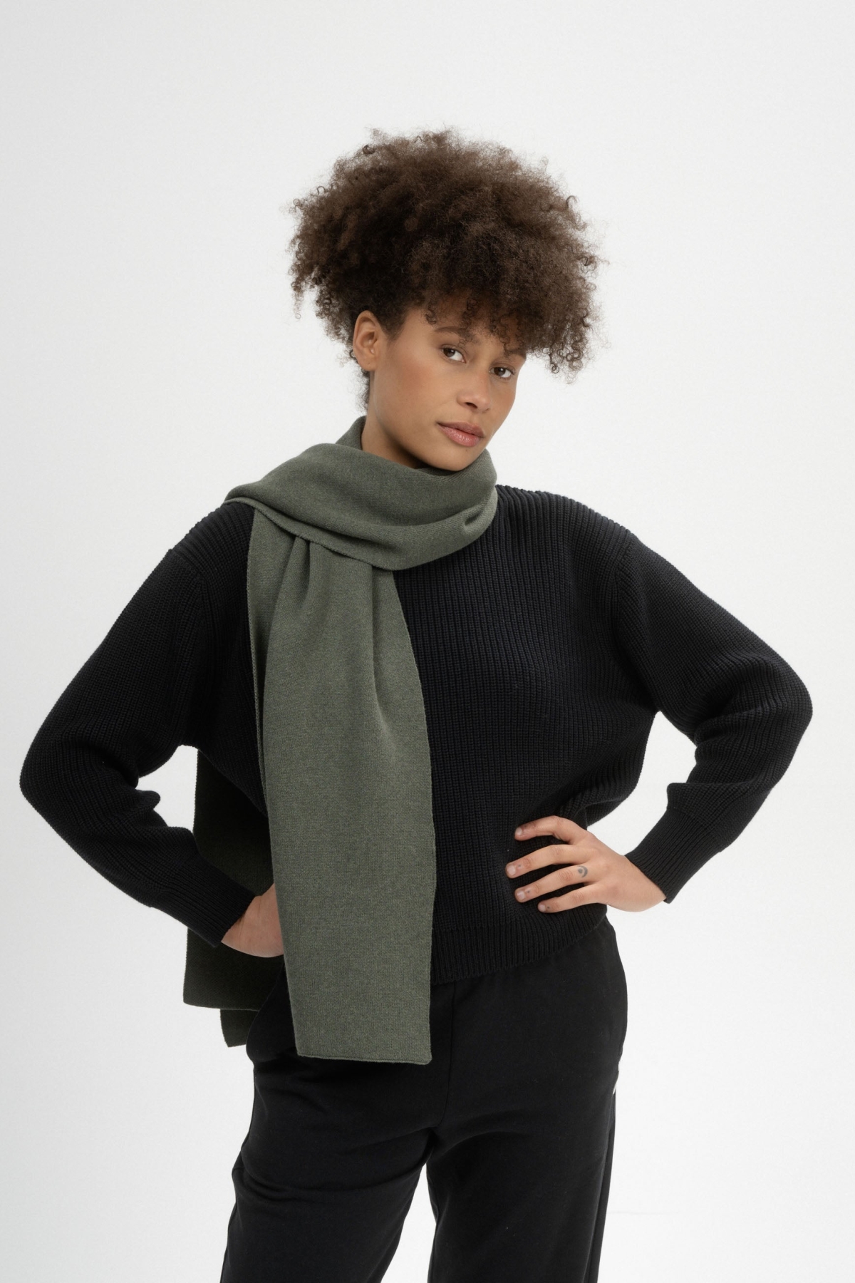 MELA men vegan Knit Scarf Jacquard Rib Asmee Green Melange