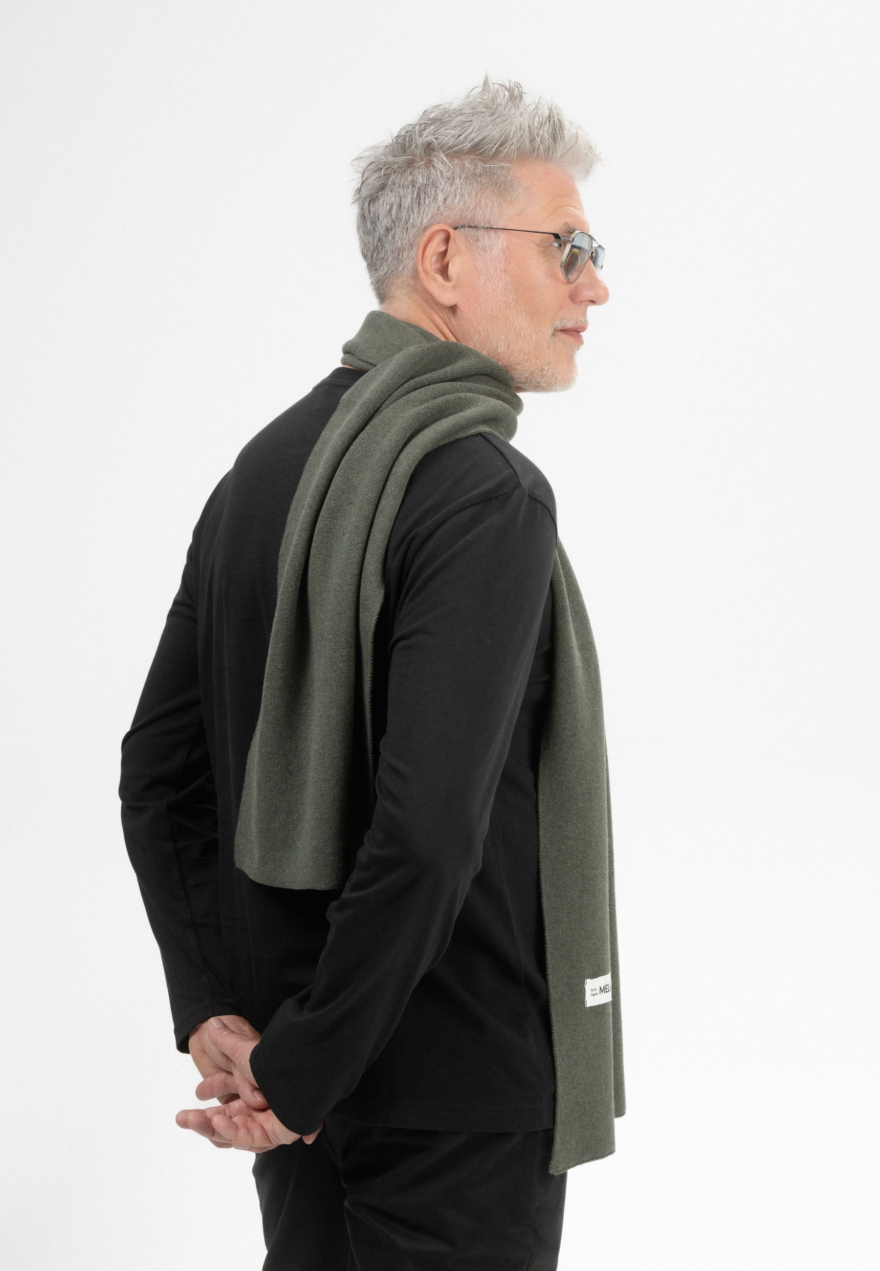 MELA men vegan Knit Scarf Jacquard Rib Asmee Green Melange