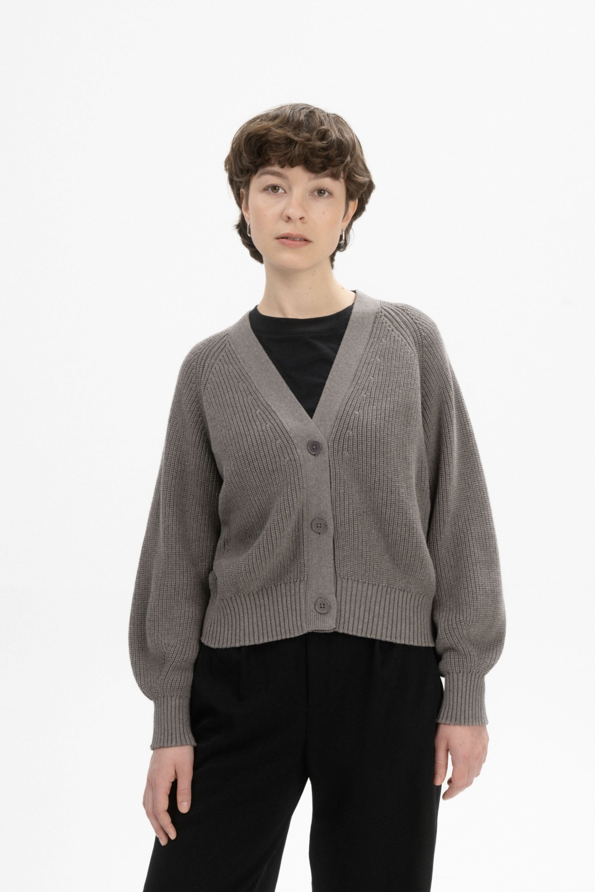 MELA Damen vegan Strickjacke Rippe Bhuma Bär Melange