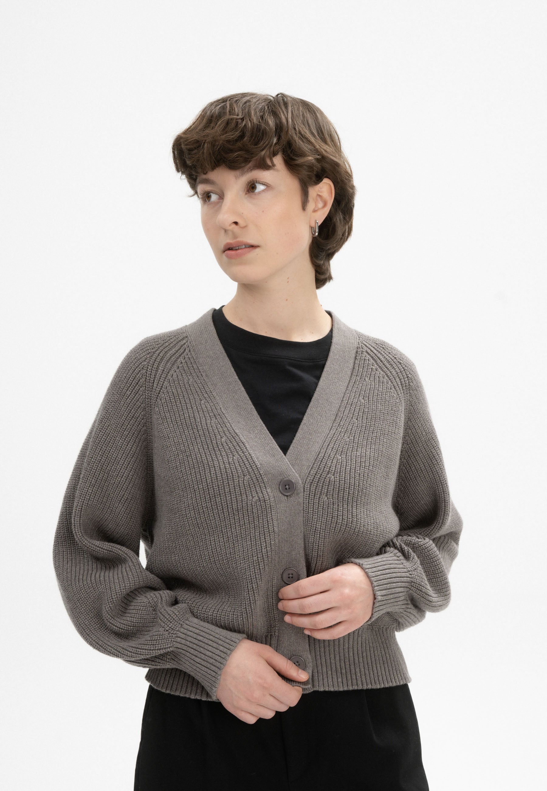 MELA womens vegan Knit Cardigan Rib Bhuma Bear Melange