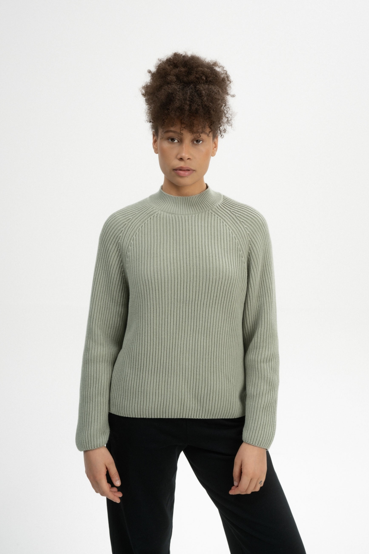 MELA Damen vegan Strickpullover Rippe Stehkragen Analah GrÃ¼n Lehm