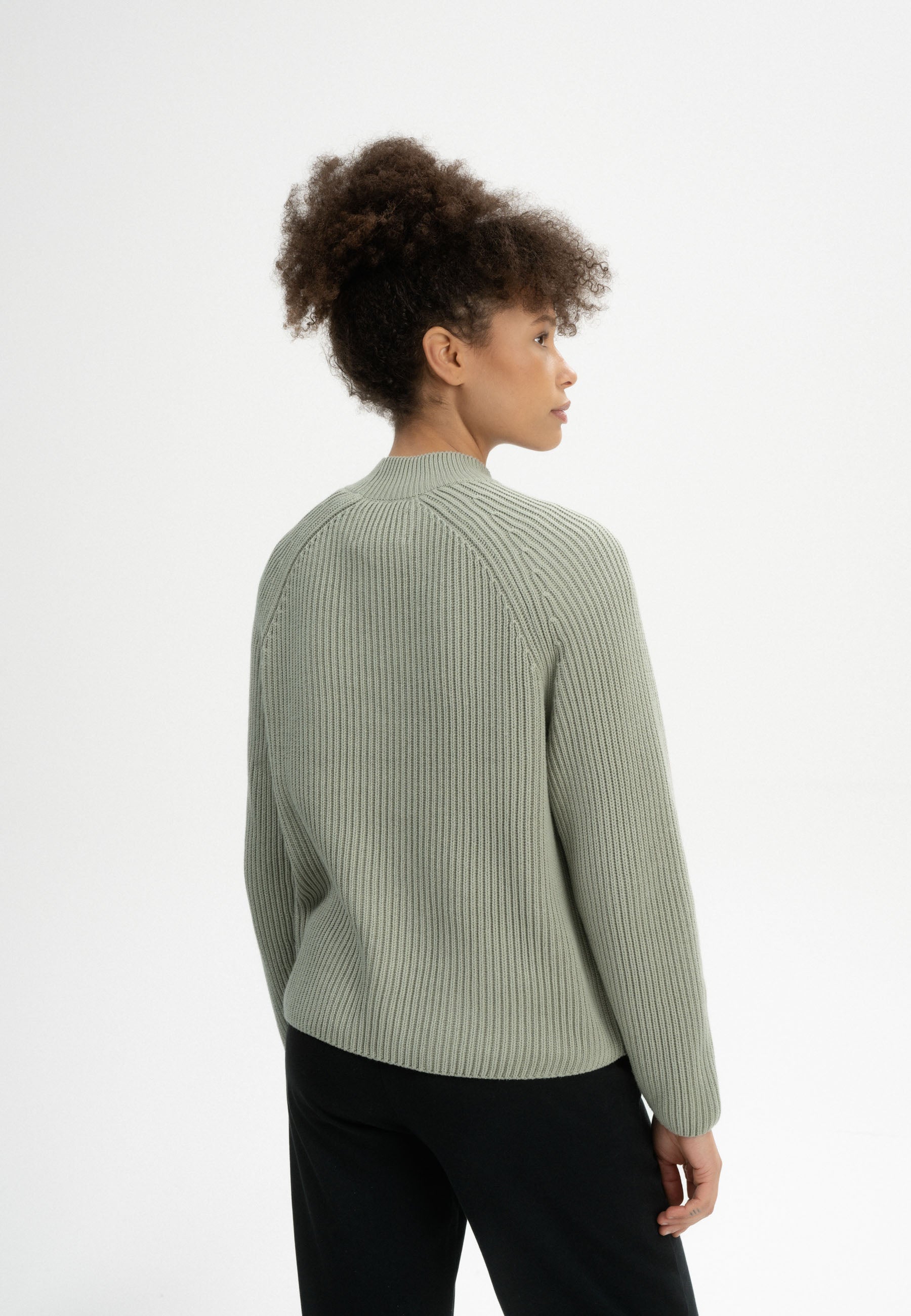 MELA womens vegan Knit Sweater Rib Stand Up Collar Analah Green Clay