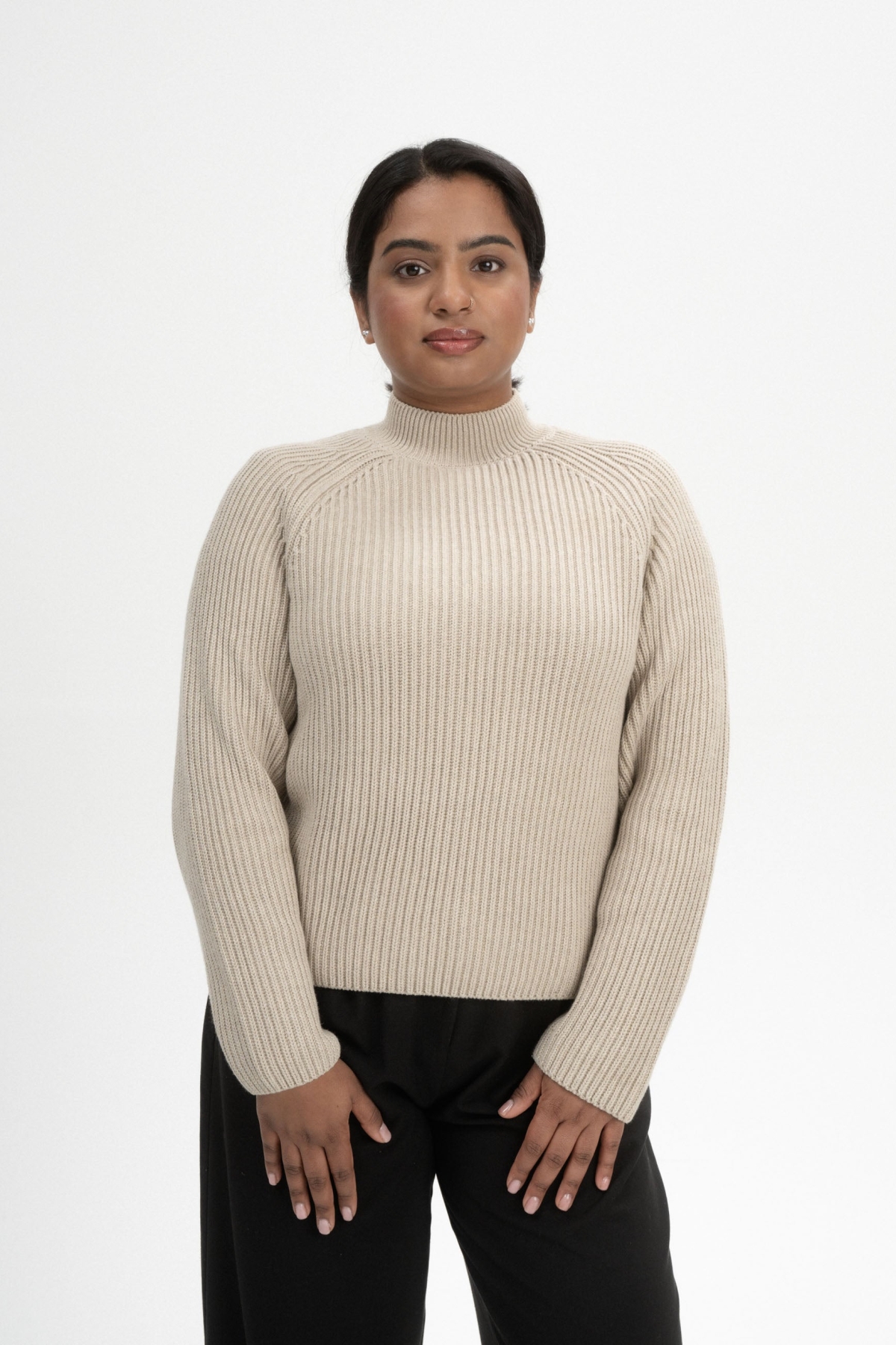 MELA Damen vegan Strickpullover Stehkragen Pebble nge