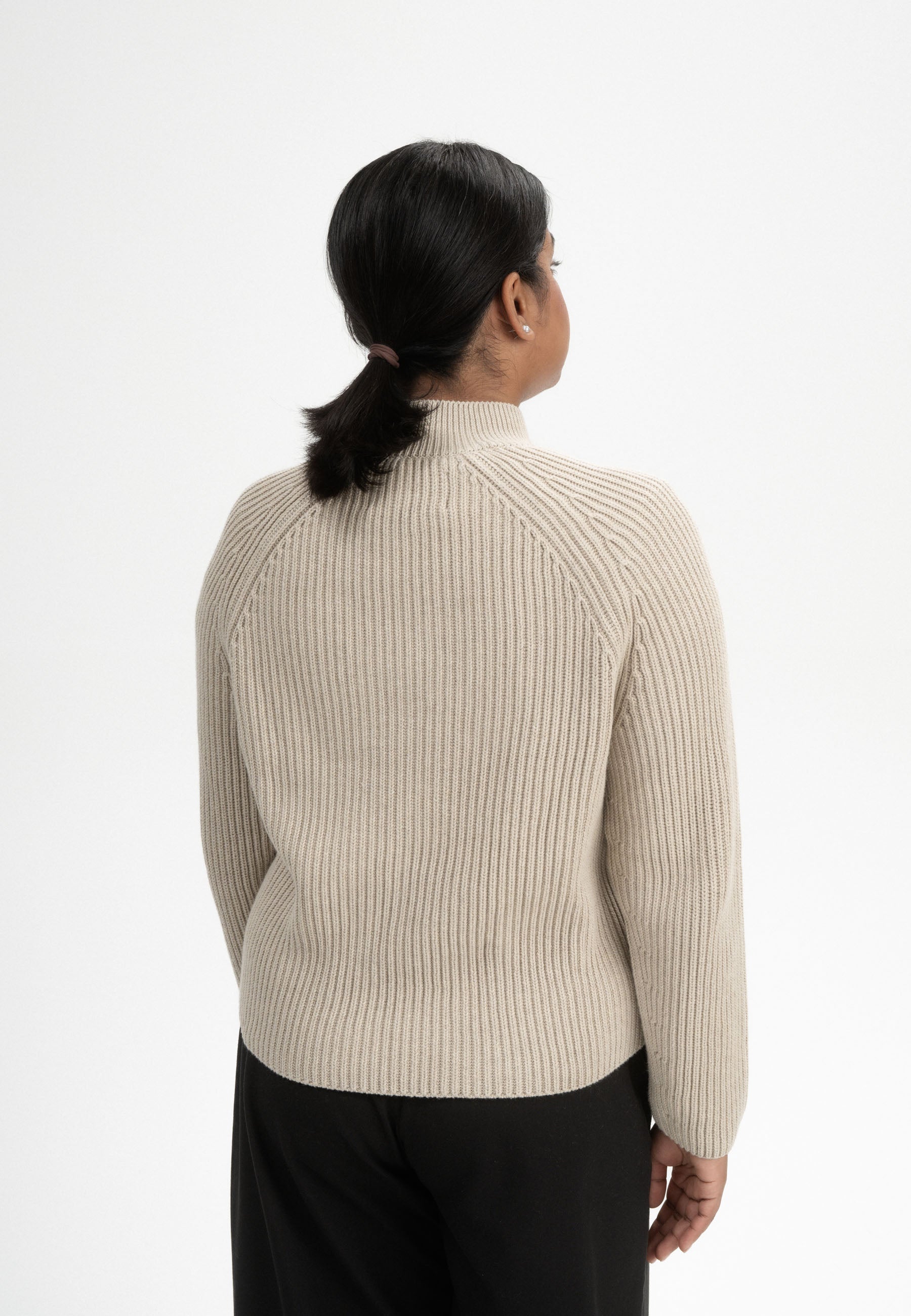 MELA womens vegan Knit Sweater Stand Up Collar Pebble Melange
