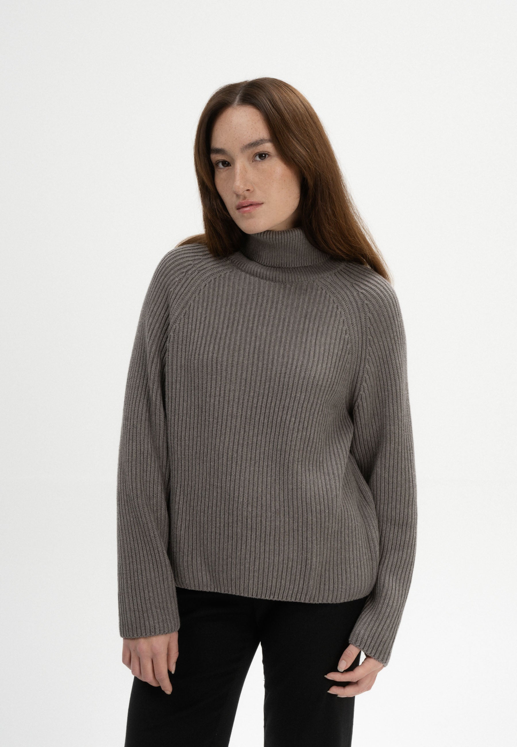 MELA womens vegan Knit Sweater Rib Turtleneck Chirha Bear Melange
