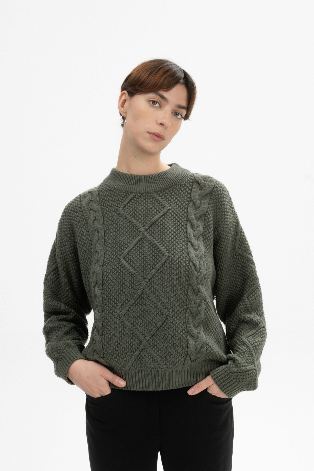 MELA Damen vegan Strickpullover Cable Samaira GrÃ¼n nge