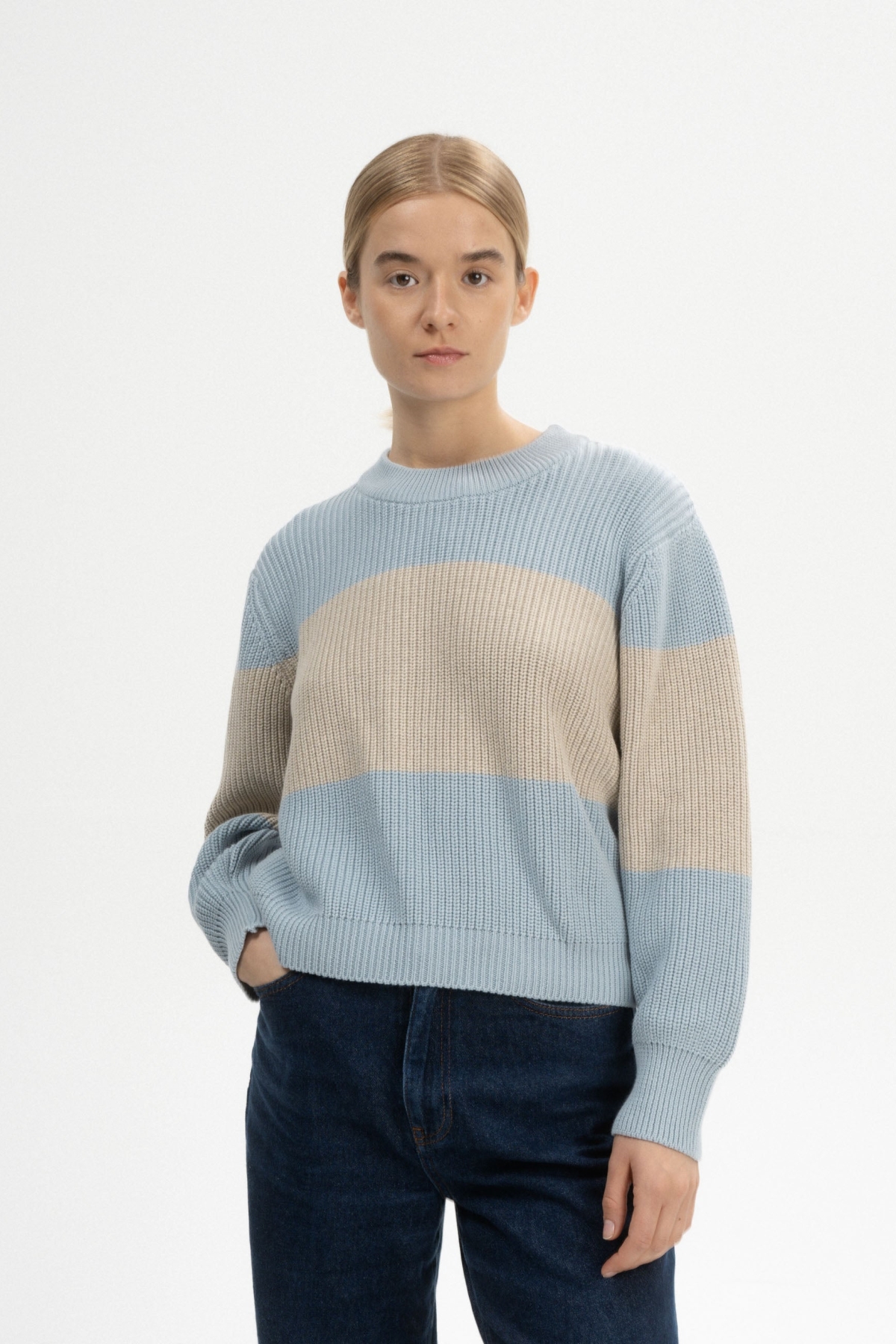 MELA Damen vegan Strickpullover Rib Adah Stripes Wolkenblau/Kieselnge
