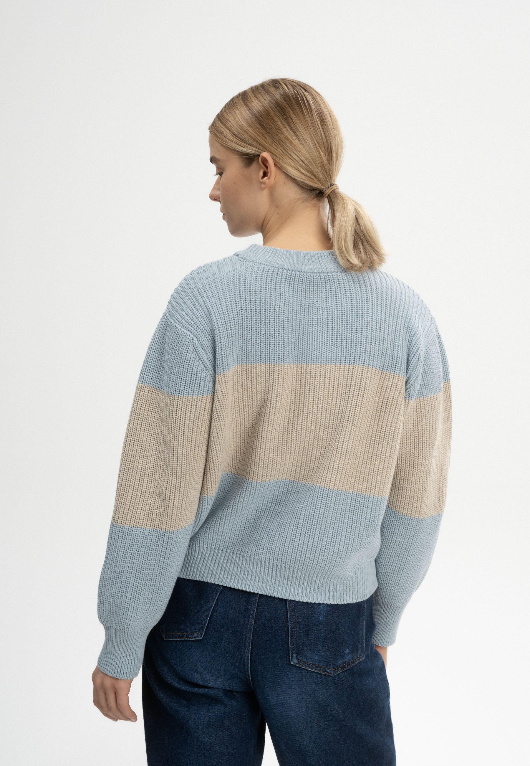 MELA womens vegan Knit Sweater Rib Adah Stripes Cloudy Blue/Pebble Melange