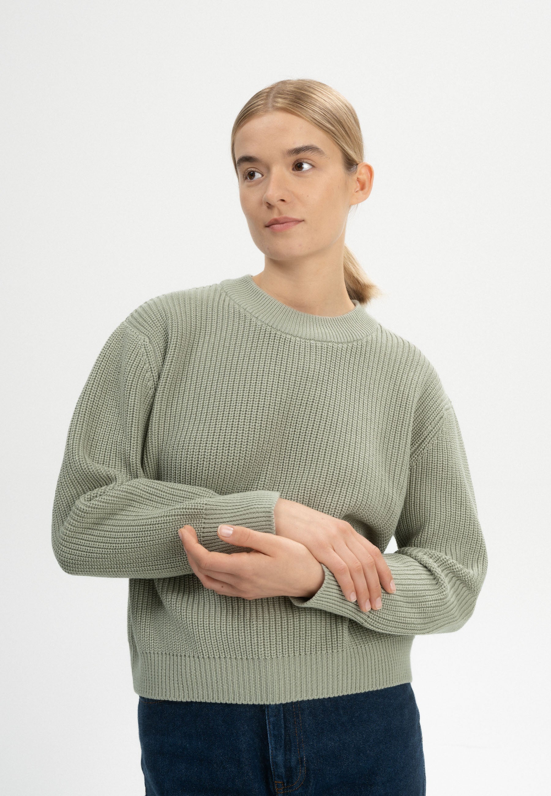 105200 - Damen vegan Strickpullover Rippe Adah Grüner Lehm 105200 - Damen vegan Strickpullover Rippe Adah Grüner Lehm