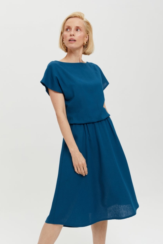 Image of AYANI dames vegan Jurk Nane Korte Mouw Petrolblauw