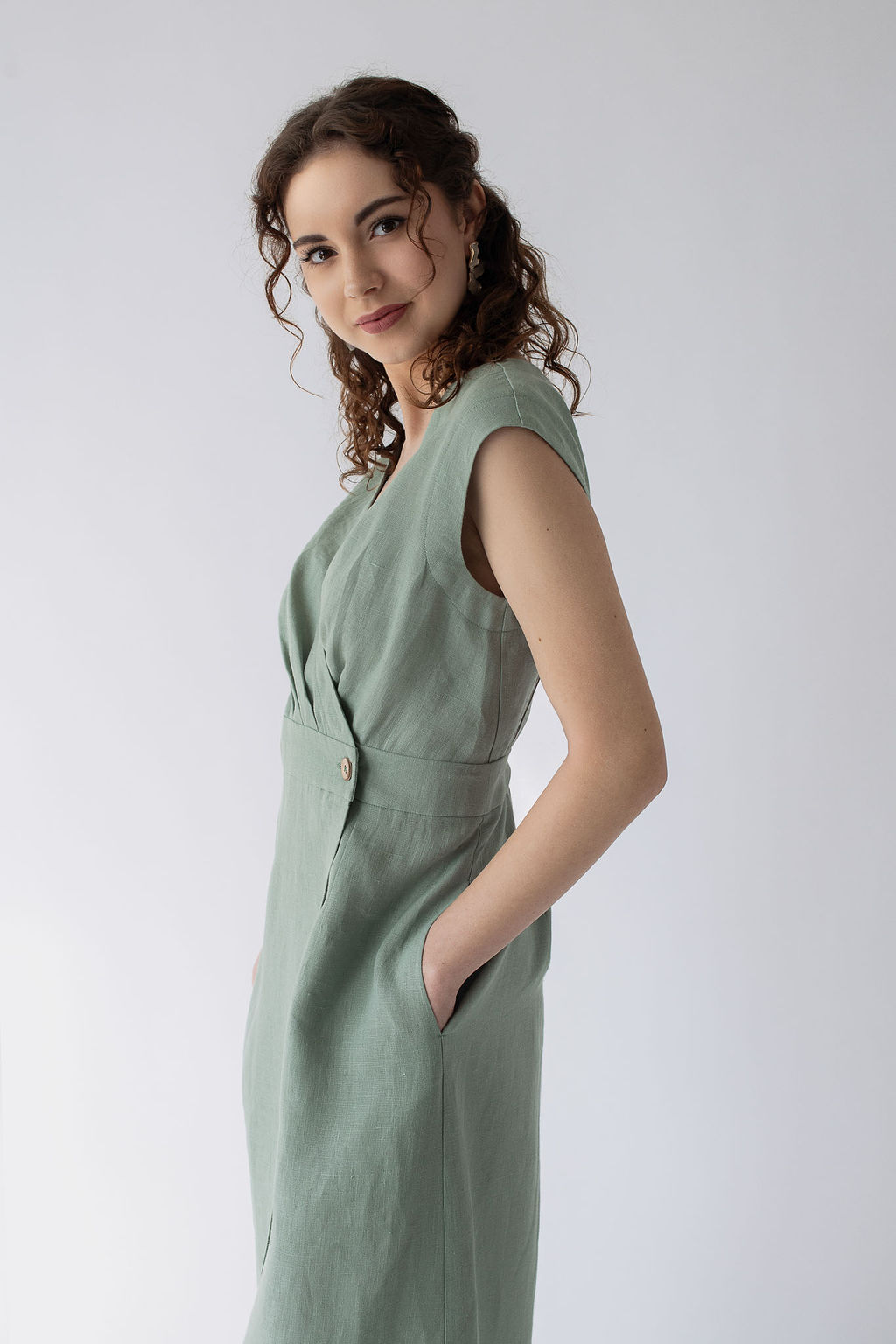 Amber Linen Dress Grace Sage Green