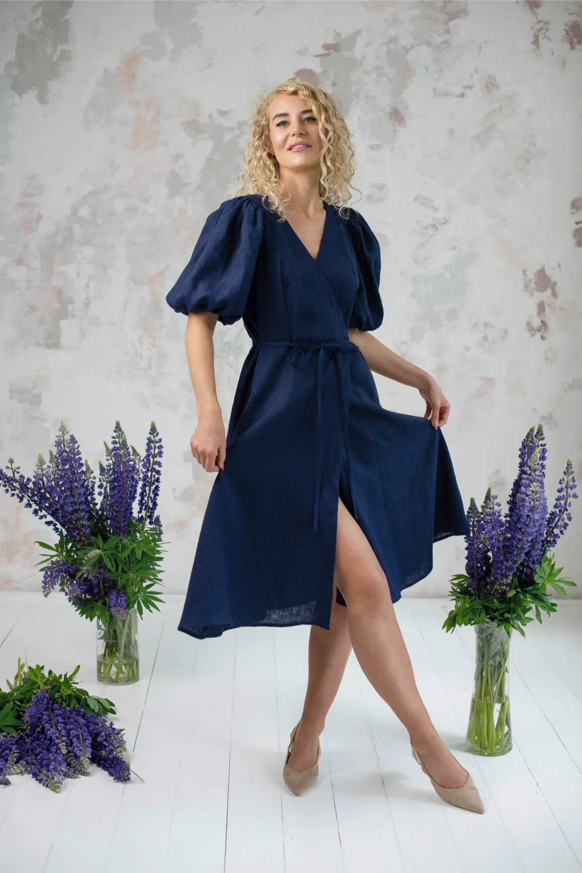 Amber Linen Wrap Dress Ronda Navy Blue Amber Linen Wrap Dress Ronda Navy Blue