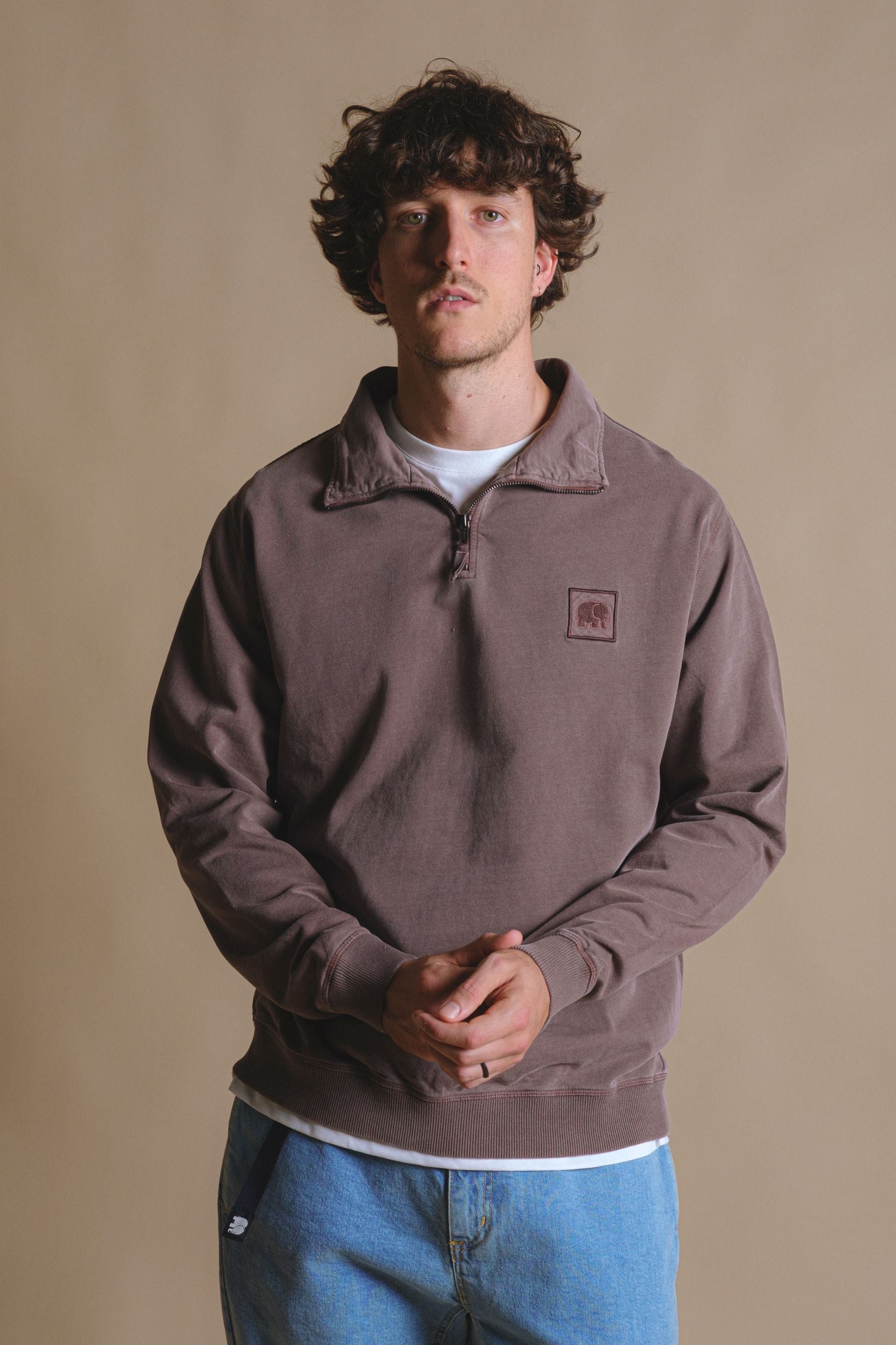 Image of Trendsplant mannen vegan Trui Kwart Rits Saus Pigment Kastanjebruin