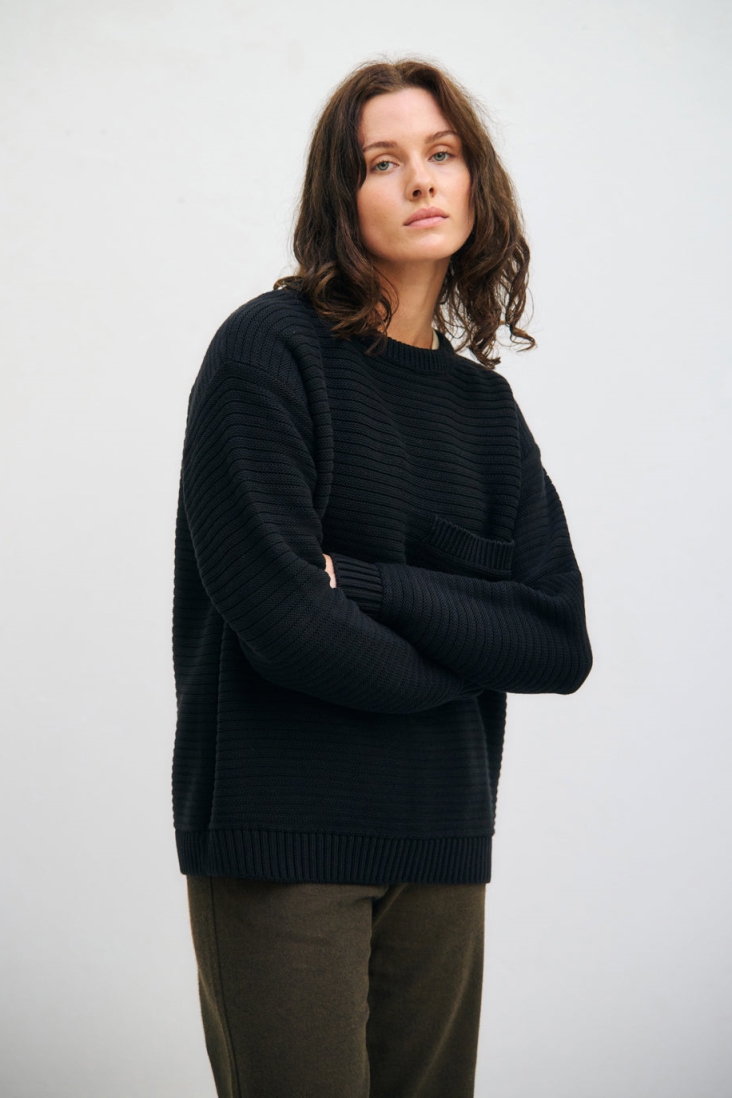Rotholz Damen vegan Strickpullover Gerippt Schwarz