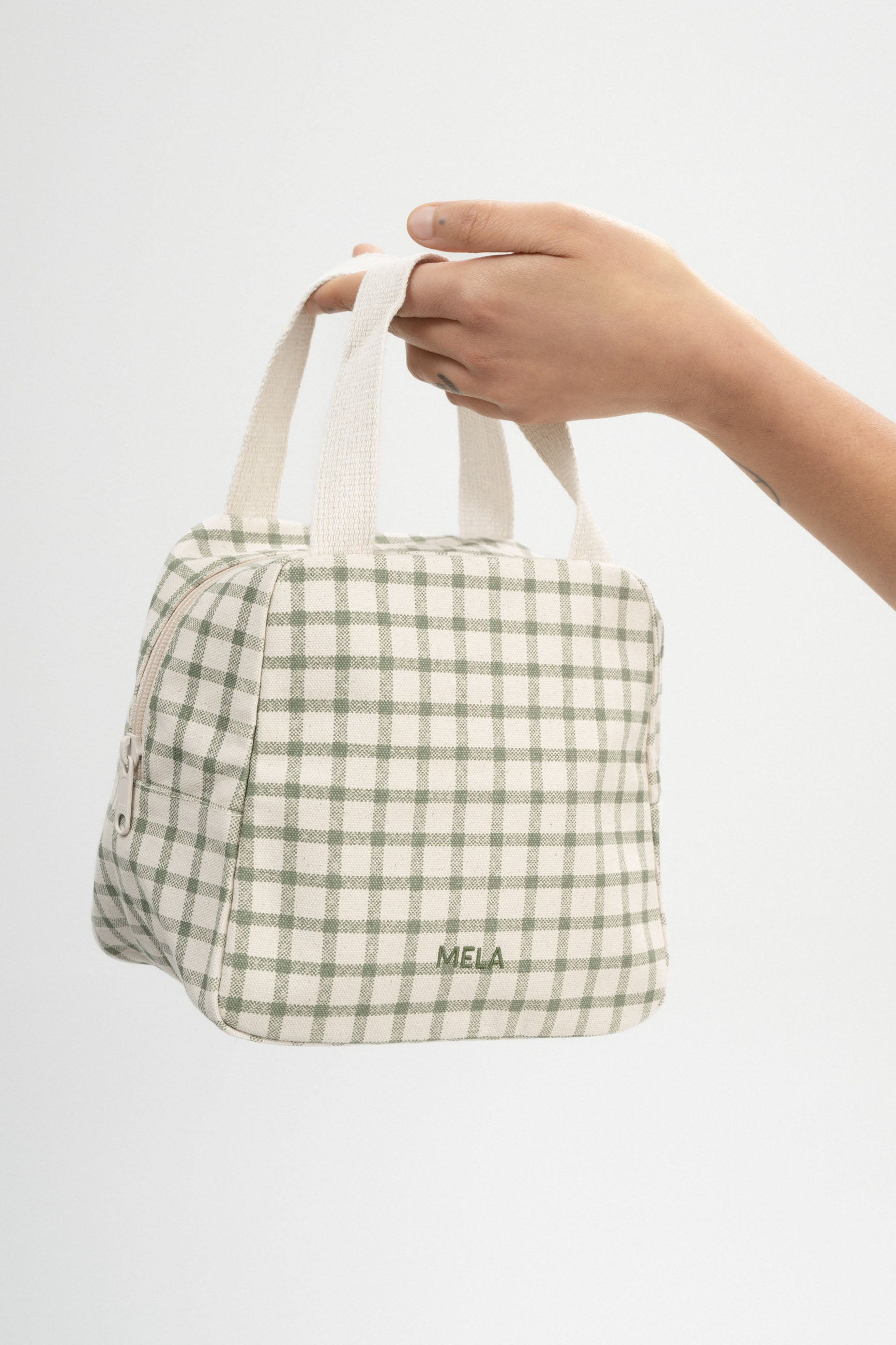 MELA womens vegan Bag Organizer Medium Jasmeet Greige/Green Grid Print