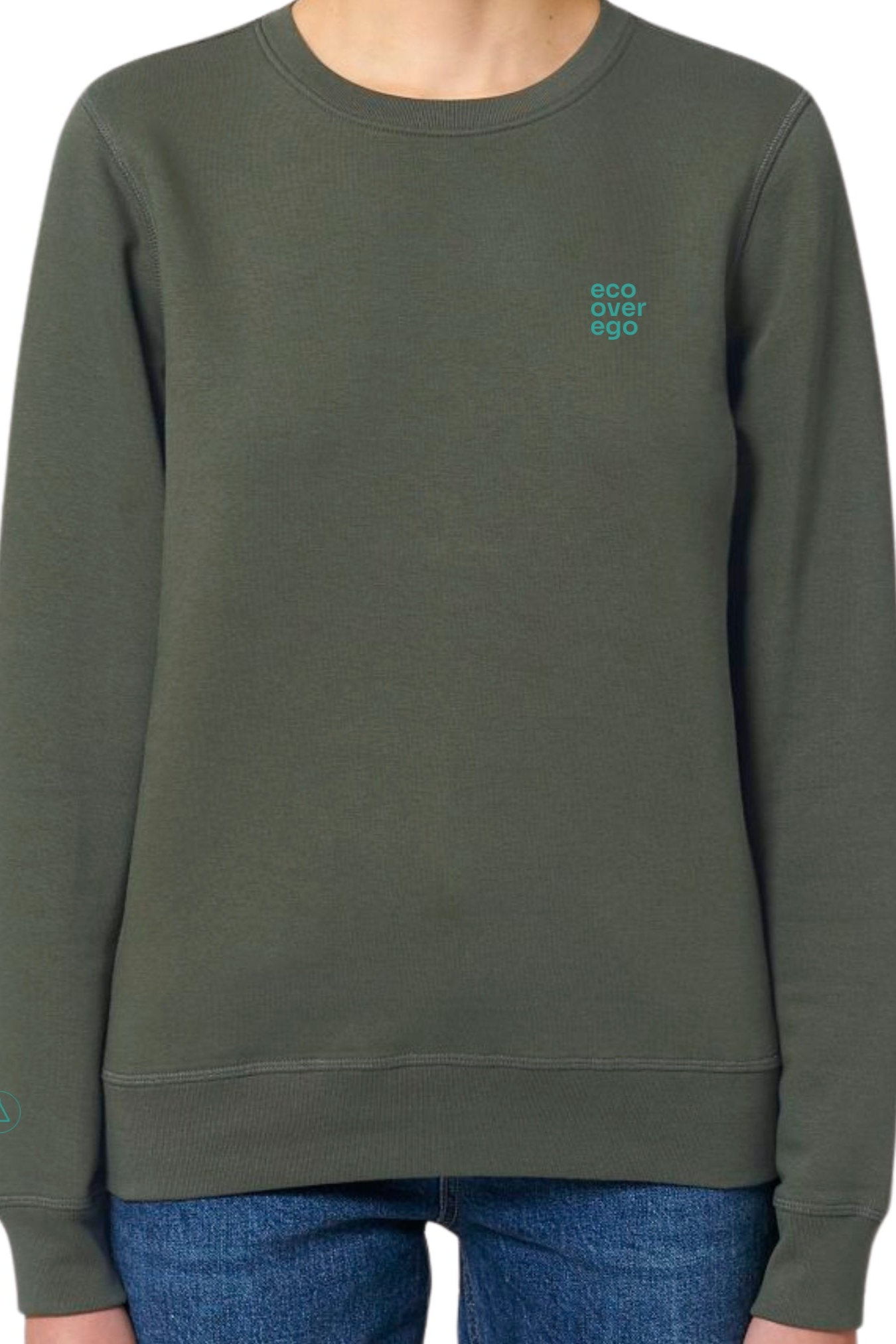 Image of Inaska dames vegan Sweatshirt Eco Statement Khaki Turquoise