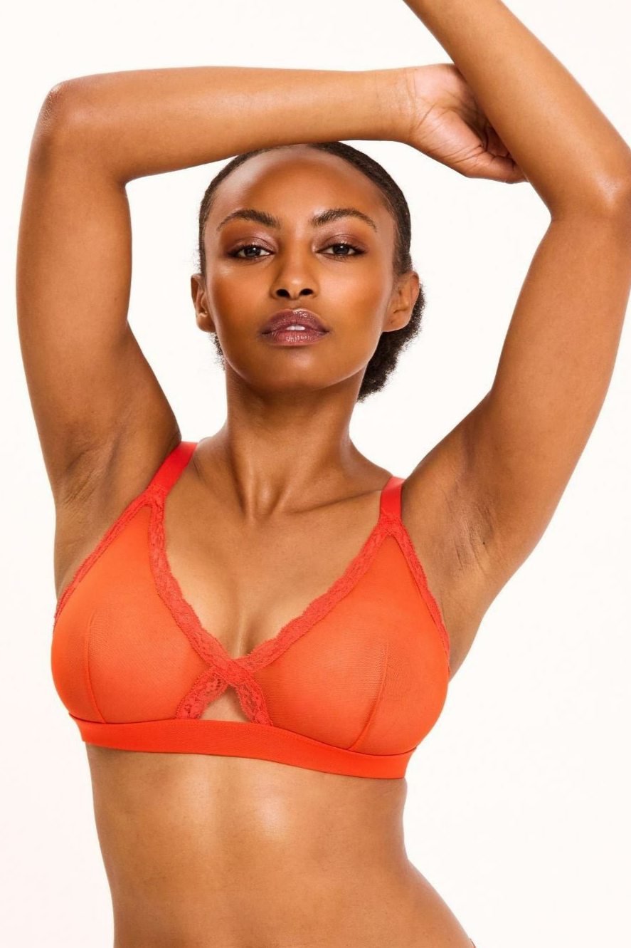Image of Understatement dames vegan Bralette Mesh Lace Triangle Vuurrood