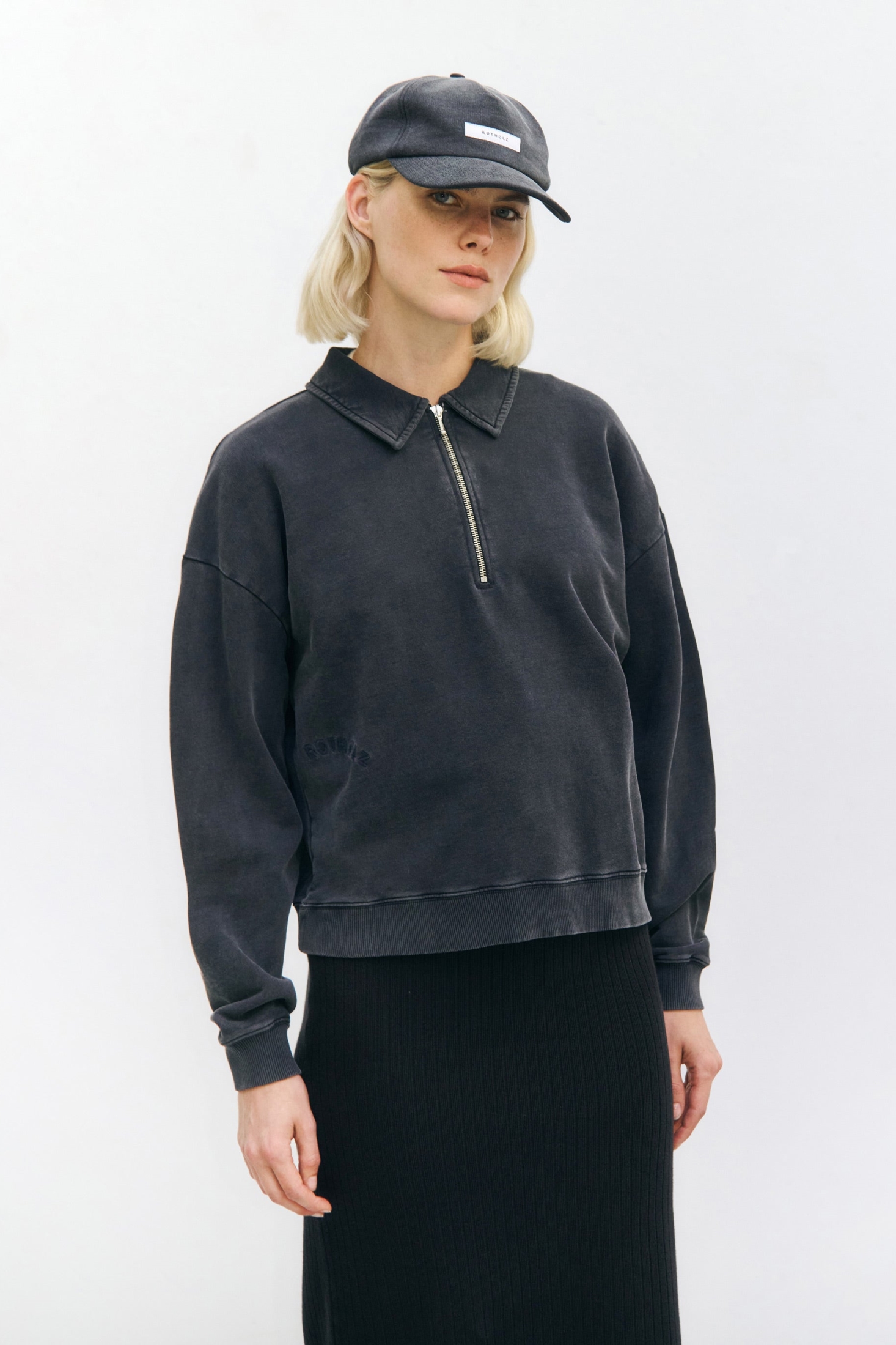 Image of Rotholz mannen vegan Sweatshirt Polo Half Zip Gewassen Zwart