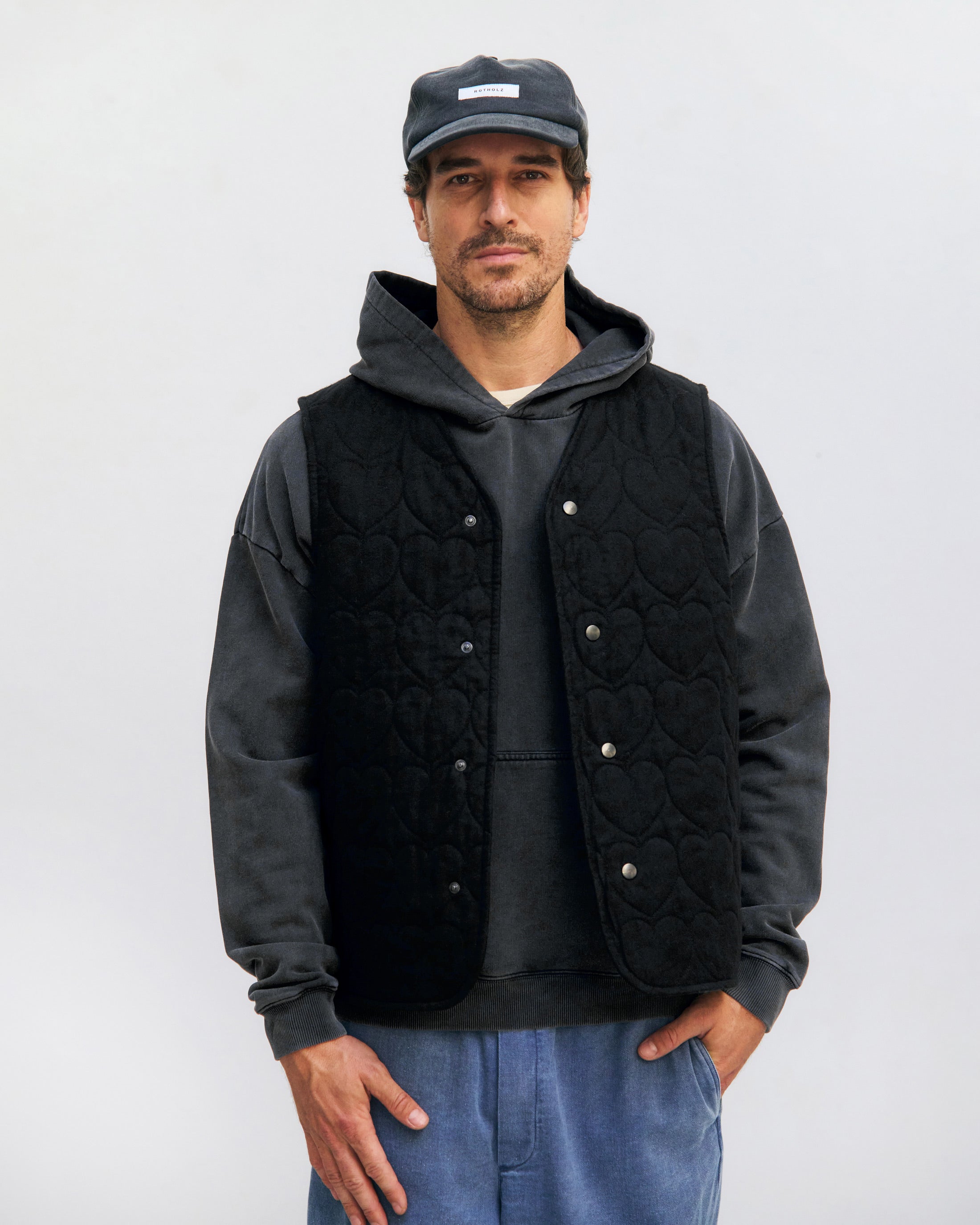 Rotholz men vegan Vest Flannel Quilt Black Hearts