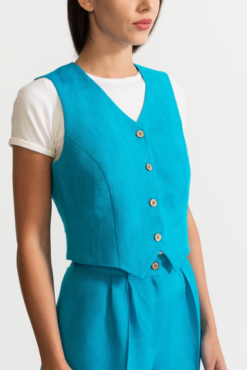 Image of De IONESCU dames vegan Vest Figa Linnen Azuurblauw