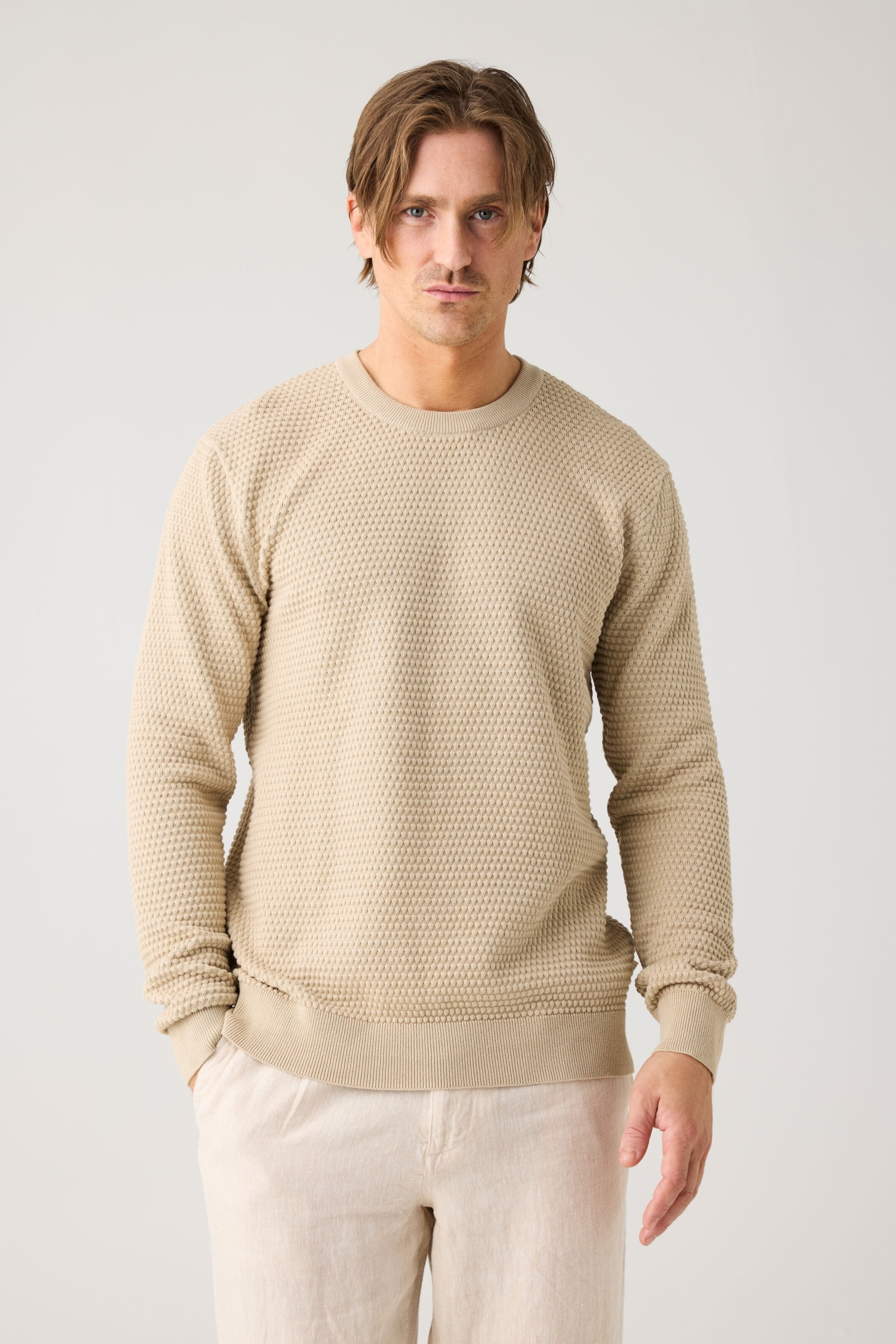 Image of KnowledgeCotton Apparel mannen vegan Gebreide Trui Vagn Bubble Ronde Hals Lichtgrijs