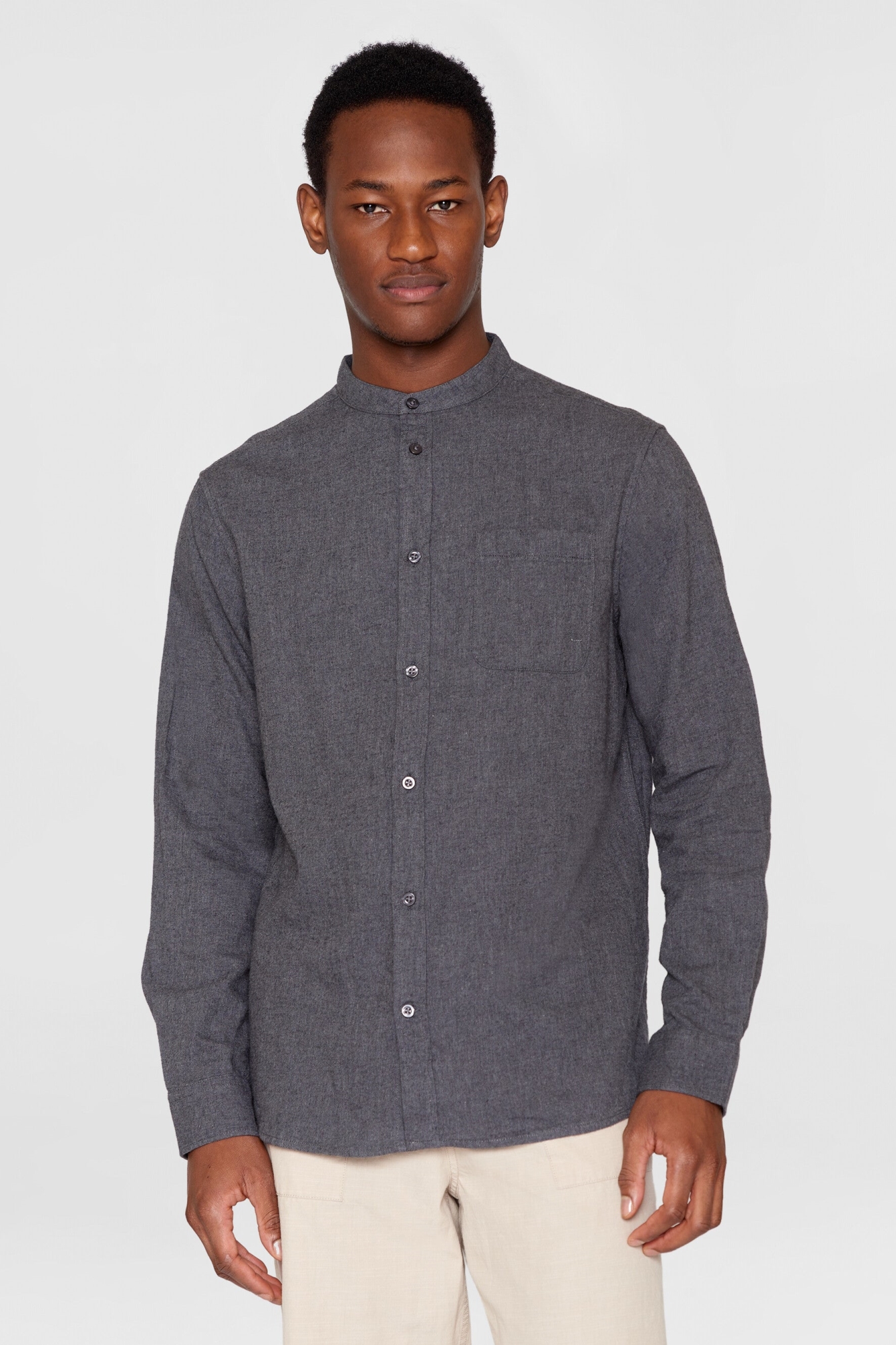Image of KnowledgeCotton Apparel mannen vegan Overhemd Staande Kraag Regular Melange Donkergrijs