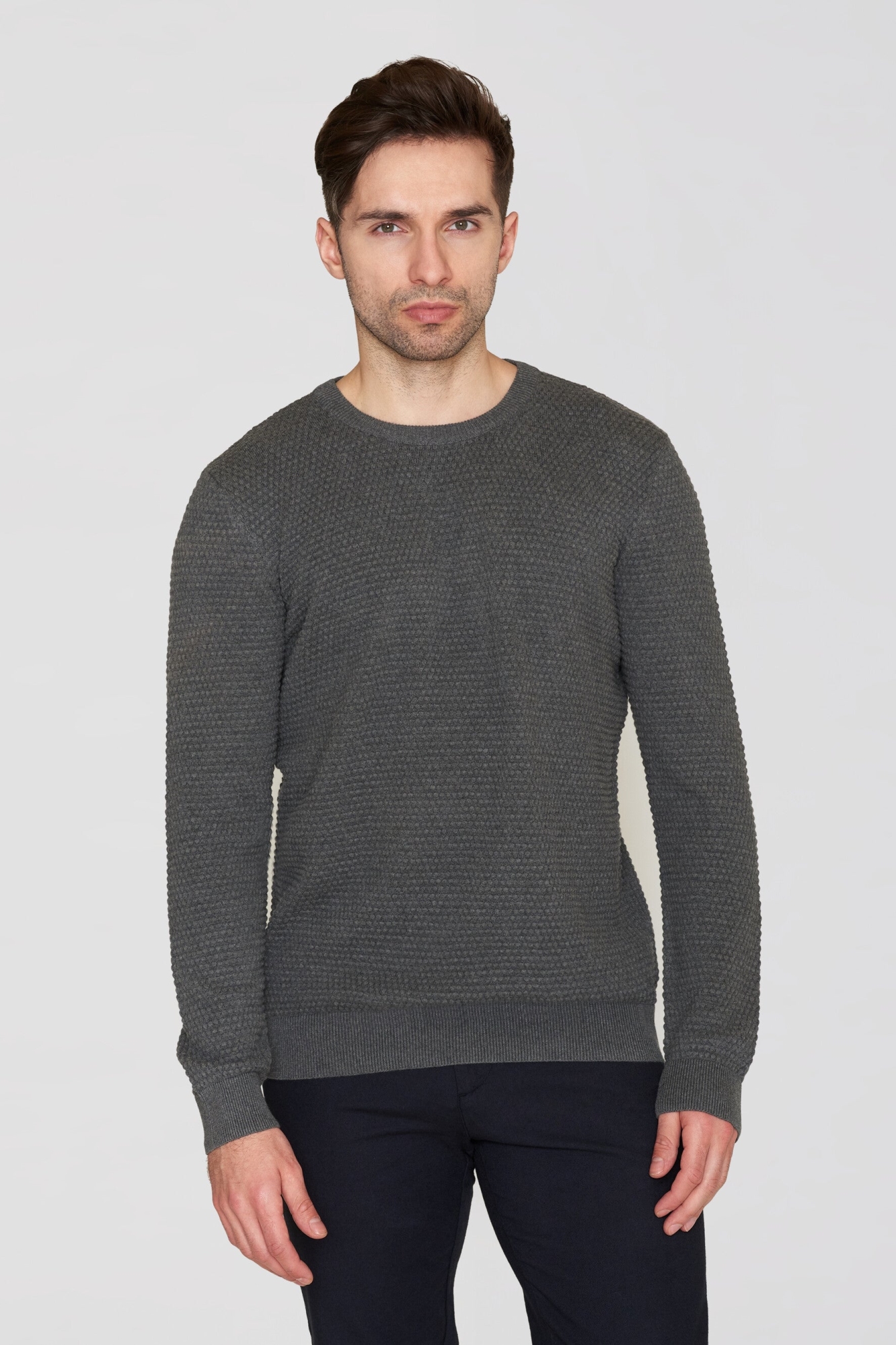 Image of KnowledgeCotton Apparel mannen vegan Gebreide Trui Vagn Bubble Ronde Hals Donkergrijs GemÃªleerd