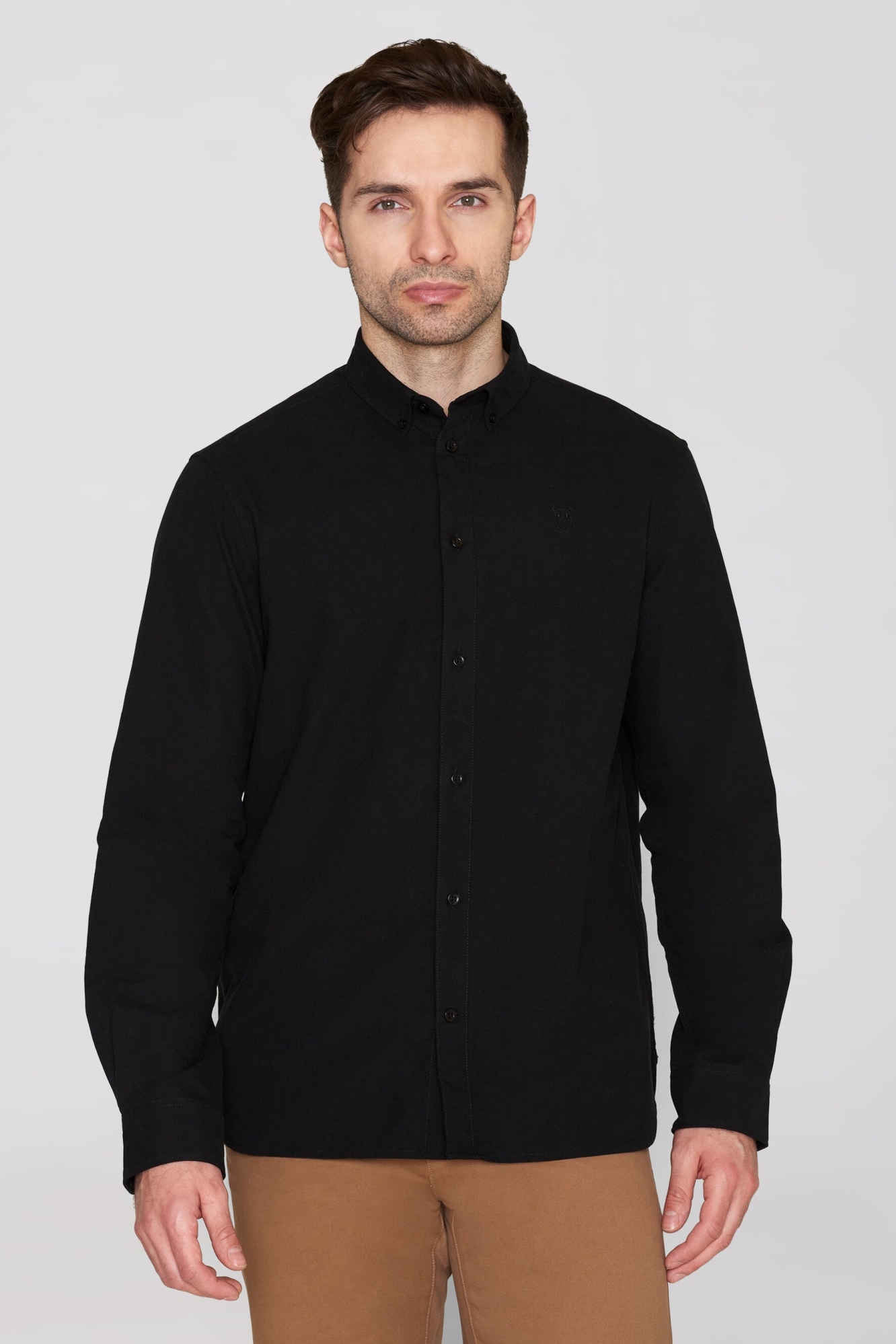 KnowledgeCotton Apparel Herren vegan Hemd Oxford Harald Small Owl Black Jet
