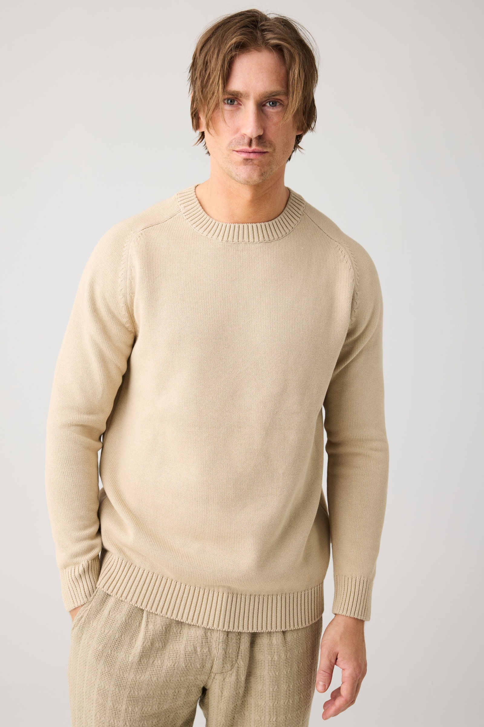 Image of KnowledgeCotton Apparel mannen vegan Gebreide Trui Effen Ronde Hals Lichtgrijs