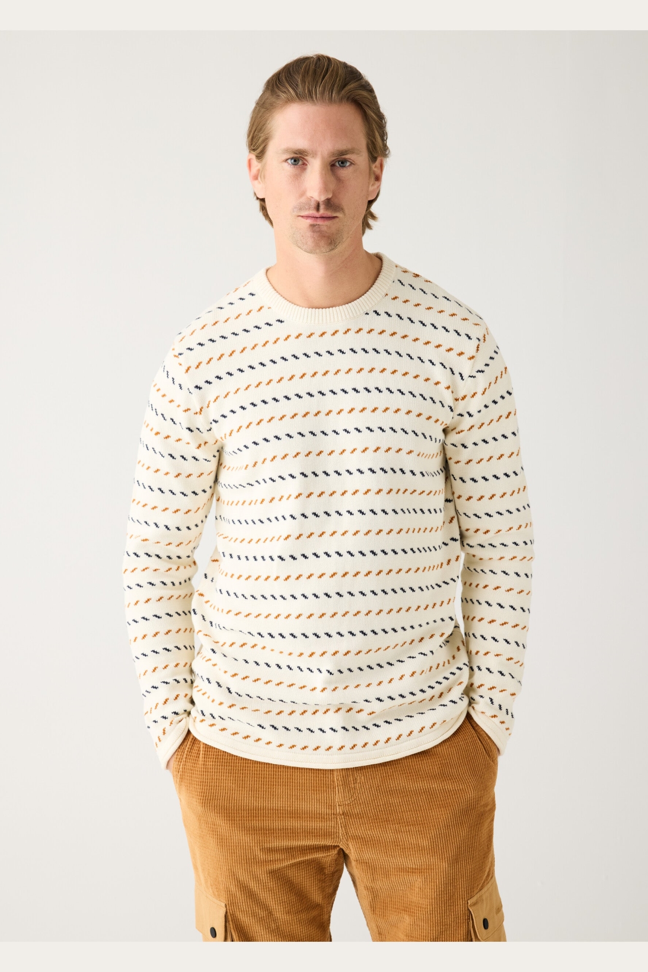 KnowledgeCotton Apparel Herren vegan Strickpullover Jacquard Reiher WeiÃŸ