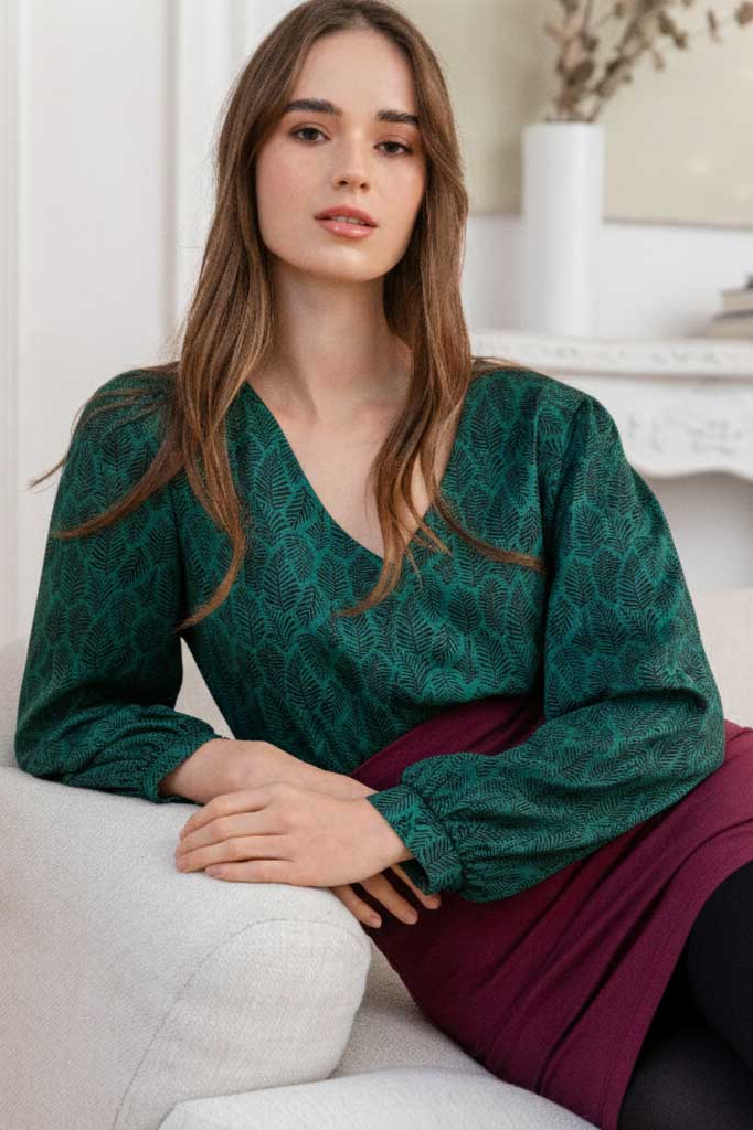 WiDDA Damen vegan Bluse Lubo Mit Blattdruck Petrol