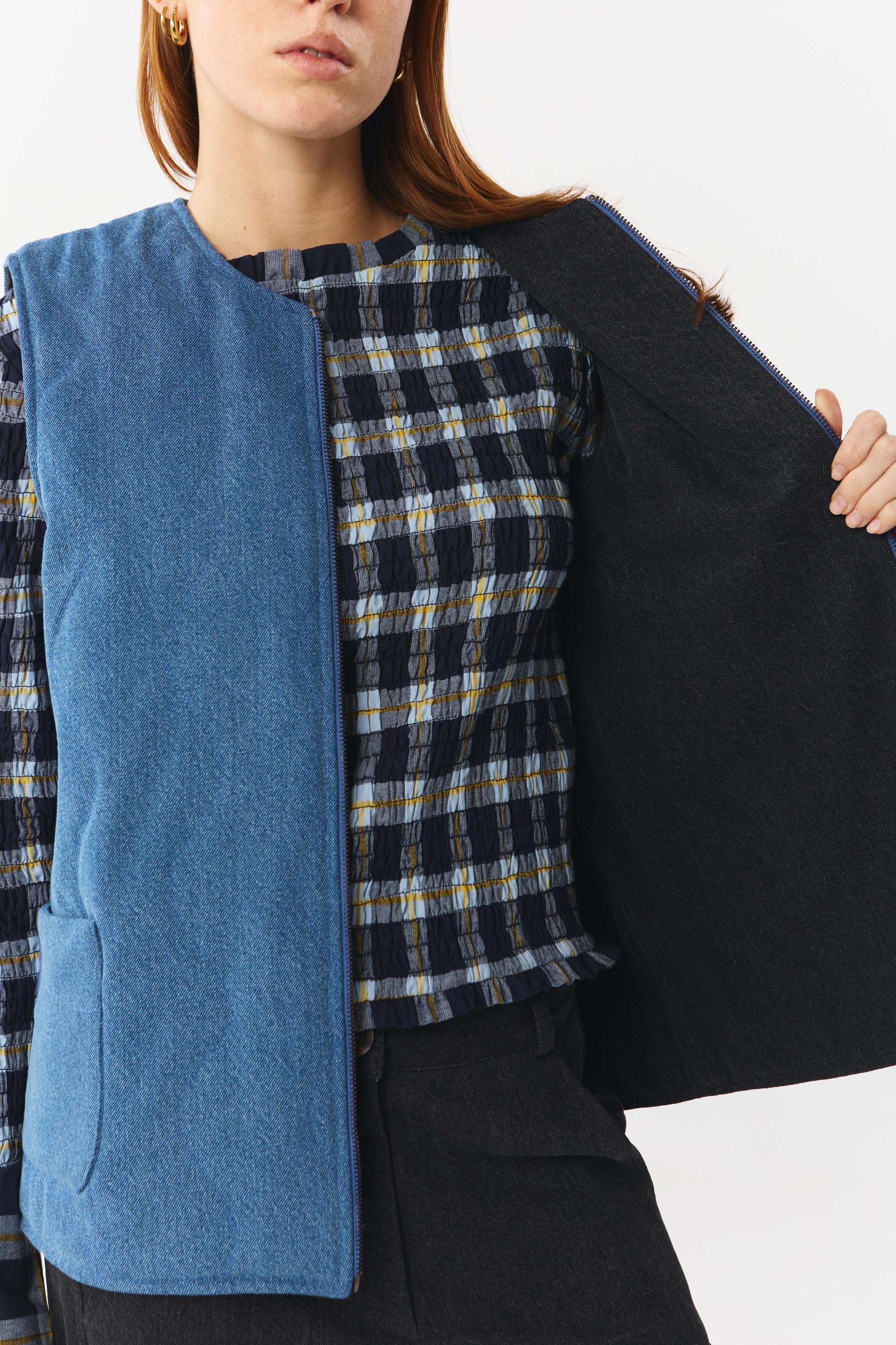 SUITE13LAB Damen vegan Reversible Weste Sandy Denim/Schwarz