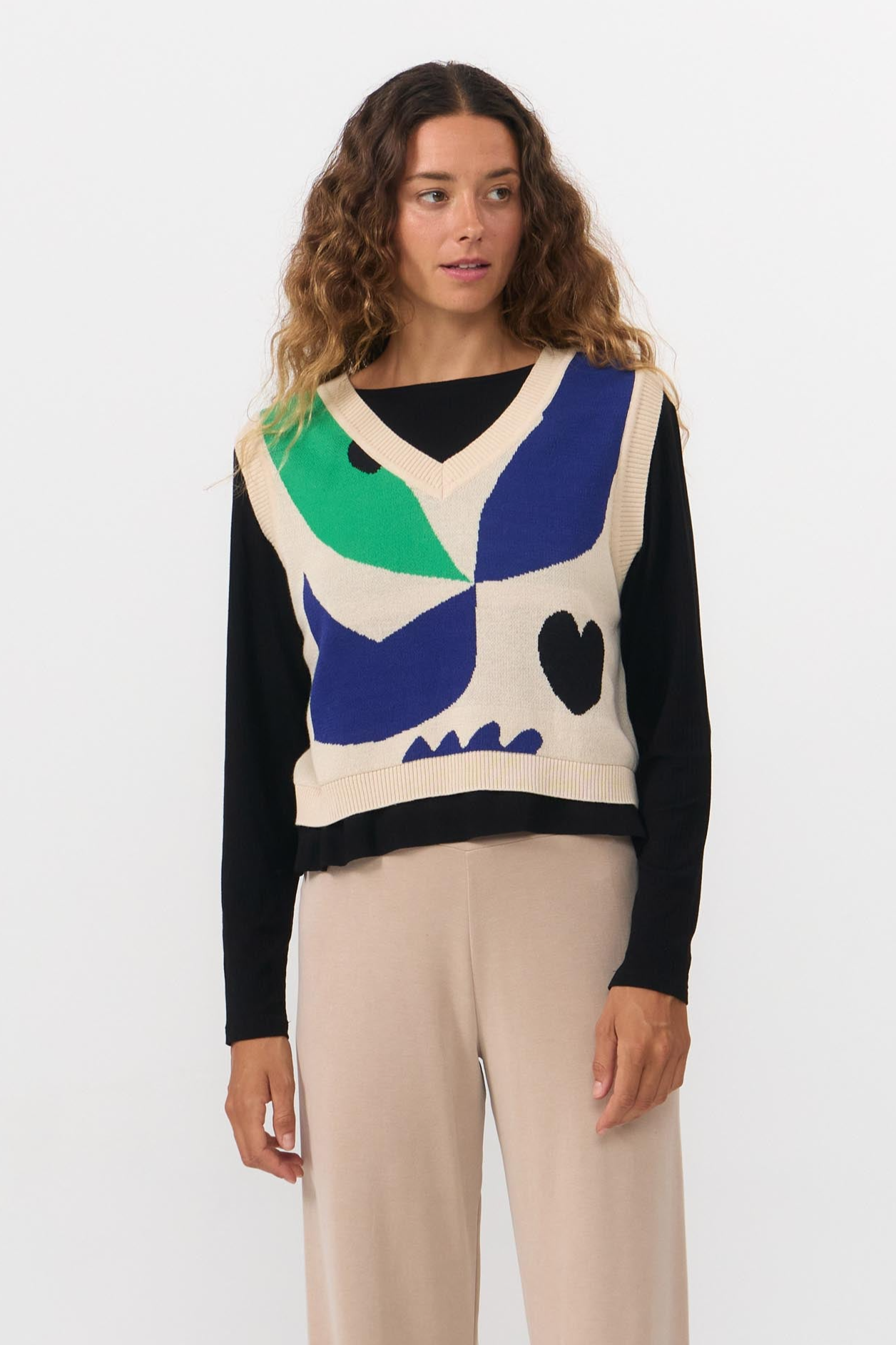 SUITE13LAB Damen vegan Weste Amates Jacquard Vogel Druck Multicolor