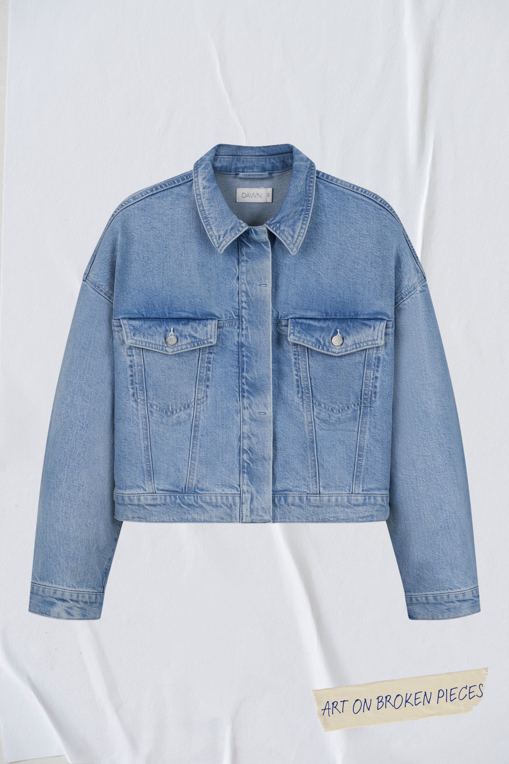 Dawn Damen vegan Denim Jacket Boxy Amara Art On Broken Pieces Hellblau