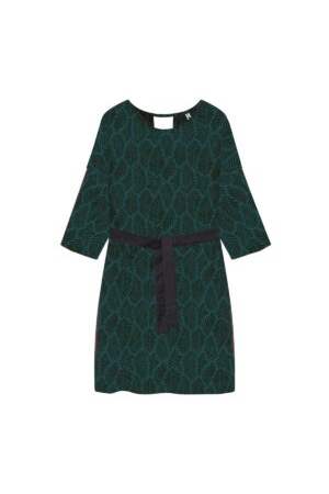 Image of WiDDA dames vegan Jurk Pura Petrol Black Leaf Patroon