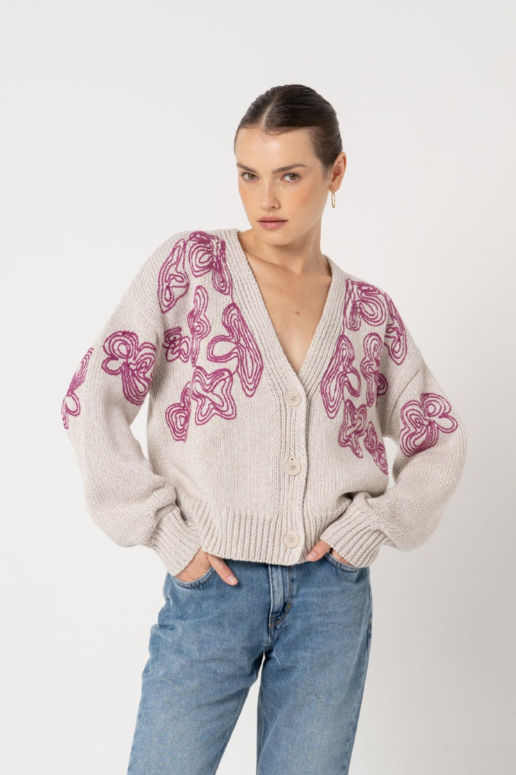 Image of LOVJOI dames vegan Cardigan Leylah Ecru Fuchsia
